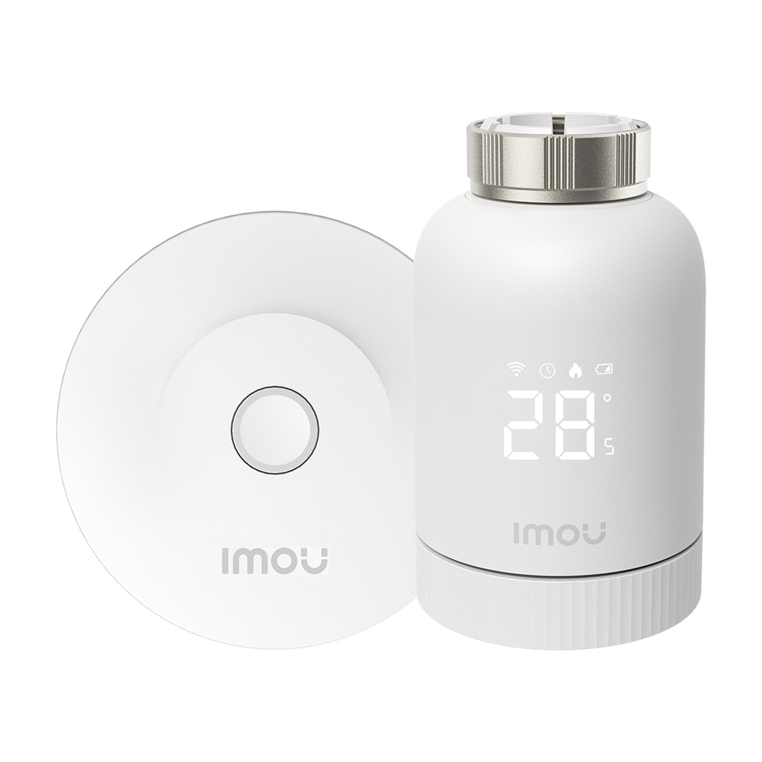 Un termostato Imou bianco e una base circolare.