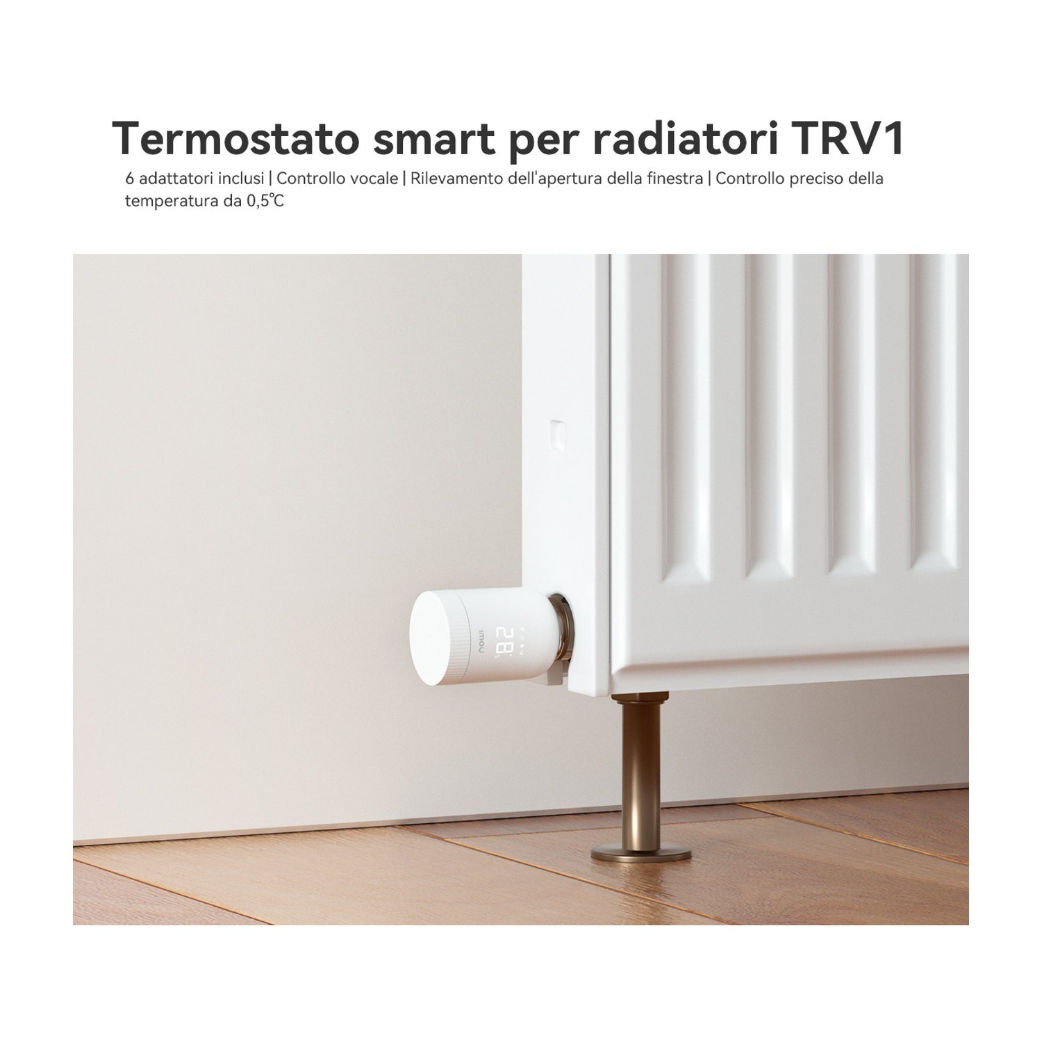 Termostato intelligente installato su un radiatore bianco, che mostra un display digitale.