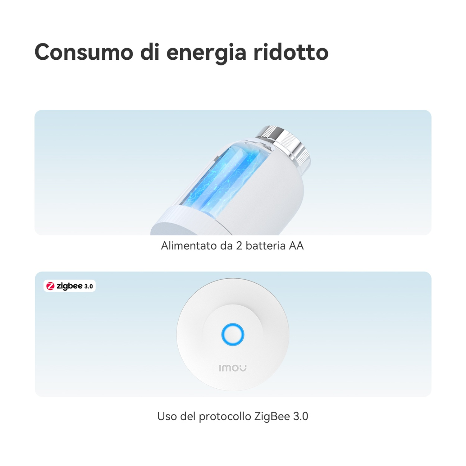 Due immagini: Un dispositivo a batteria e un dispositivo rotondo con luce blu.