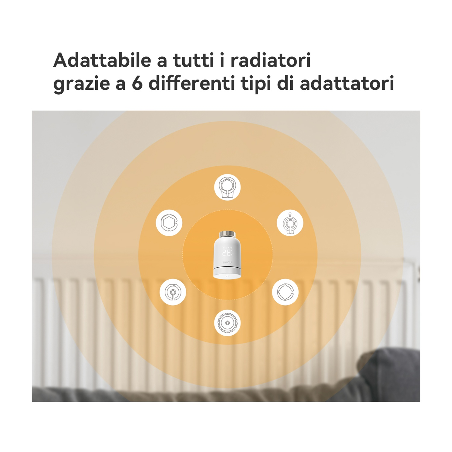 Un termostato intelligente e 6 diversi adattatori sono mostrati davanti a un radiatore.