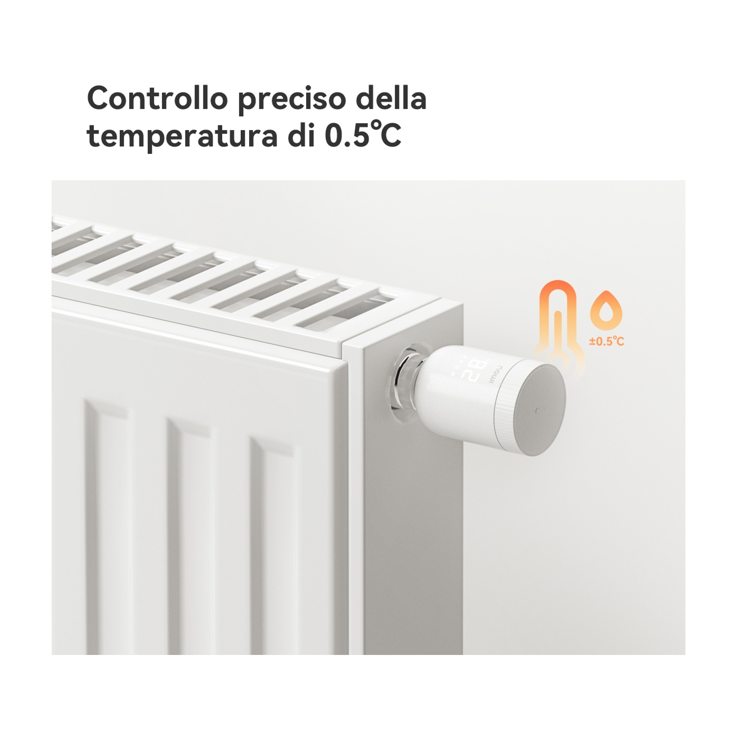 Un radiatore bianco con un termostato collegato, che mostra il controllo della temperatura.