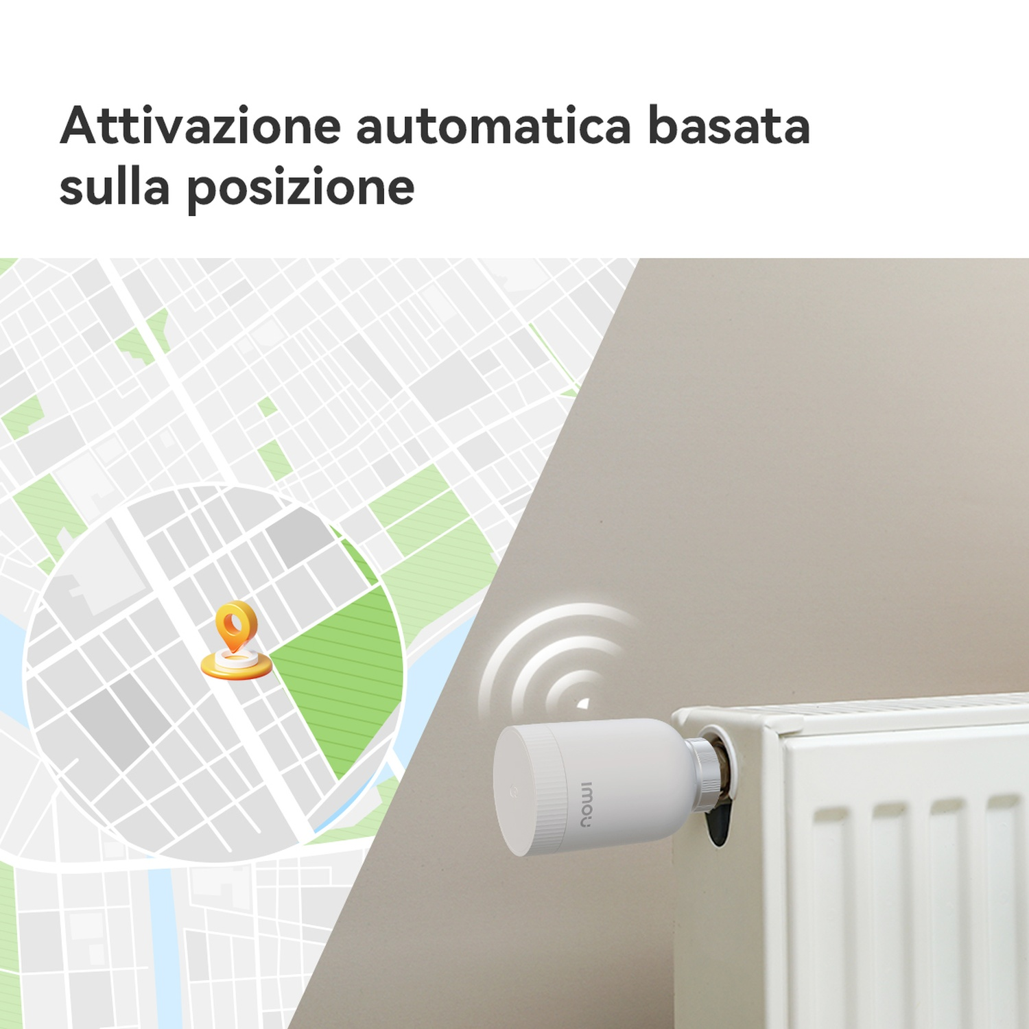 Un termostato intelligente bianco su un radiatore. Mappa e segnaposto di posizione visibili.