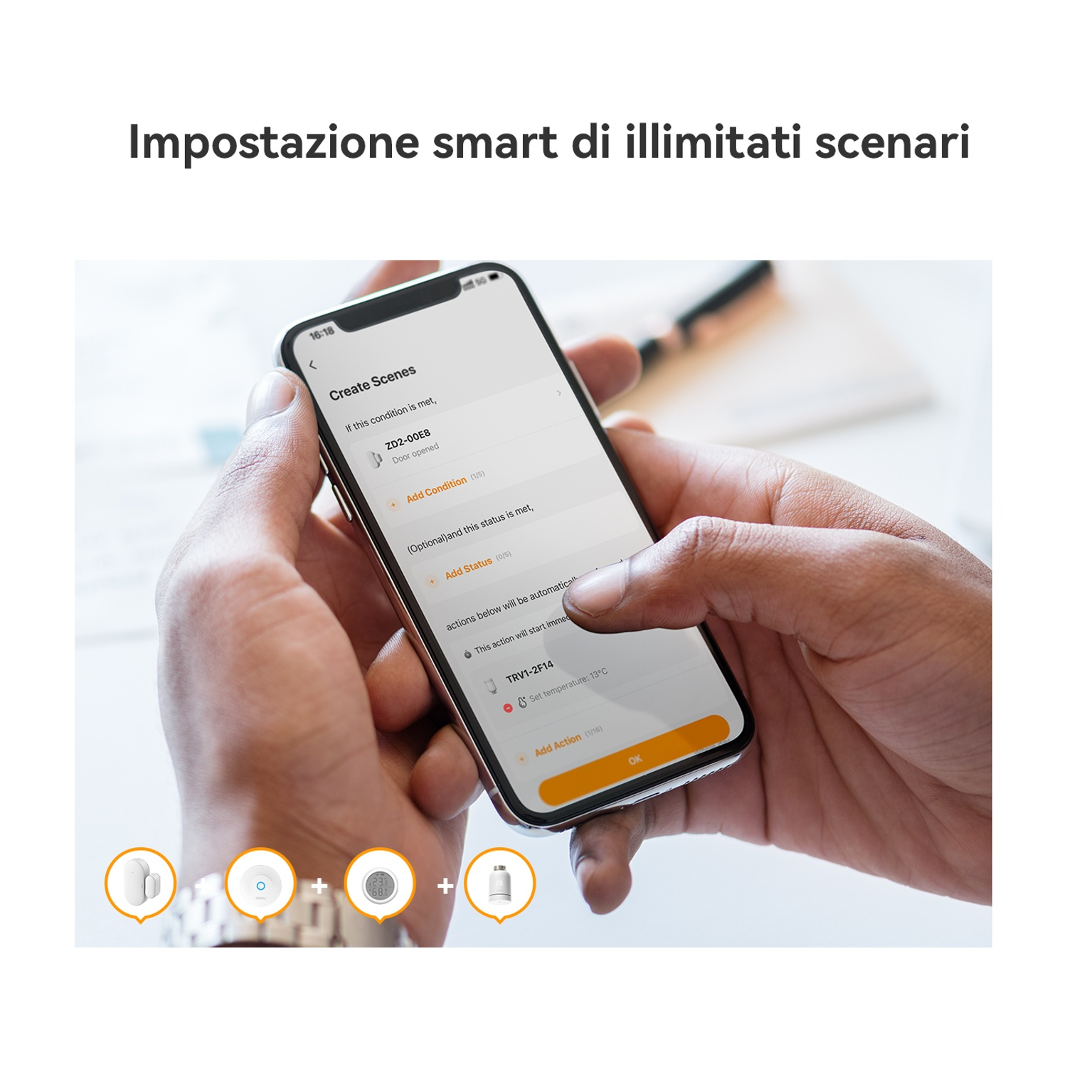 Le mani di una persona interagiscono con lo schermo di uno smartphone. Lo schermo mostra un'interfaccia di casa intelligente.