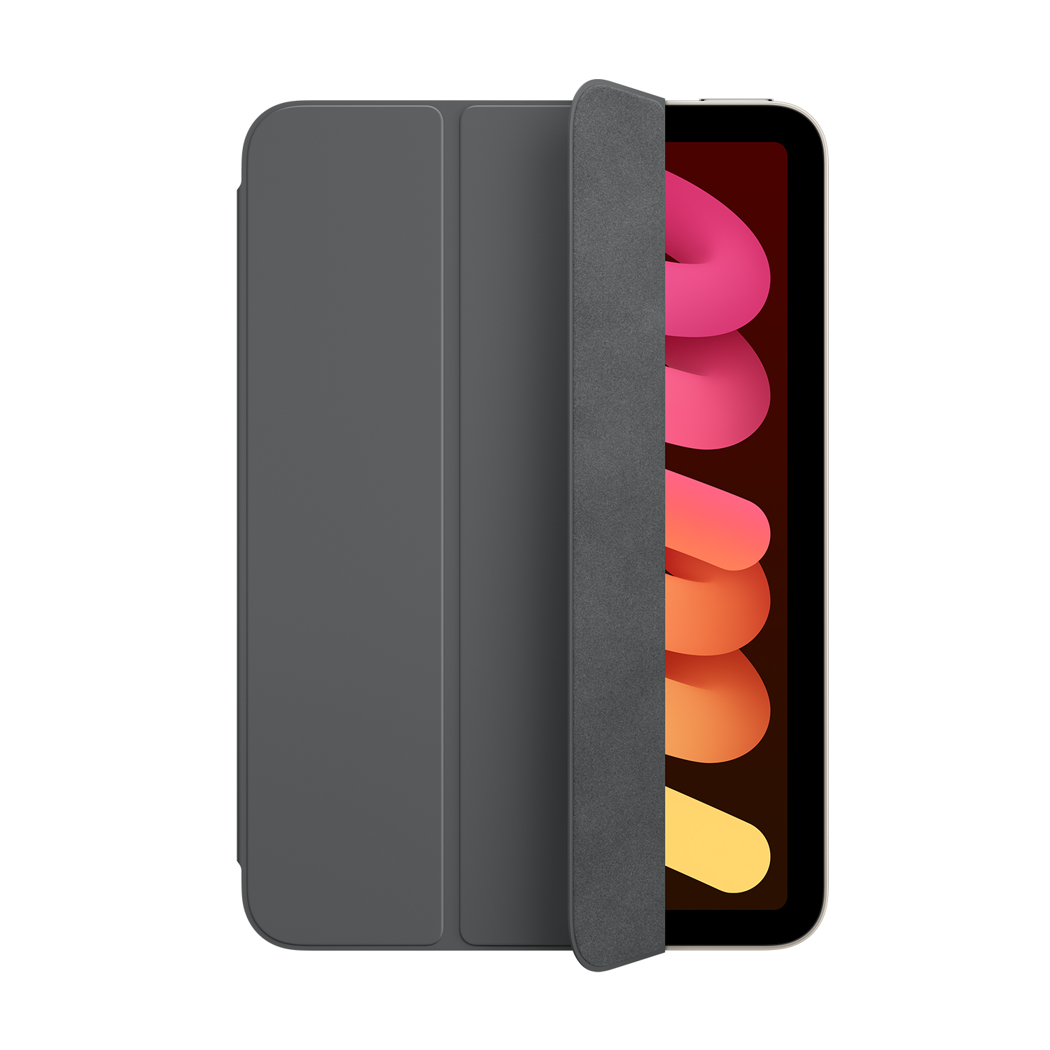 Custodia per tablet grigio scuro, parzialmente aperta. Display visibile, mostra immagine.
