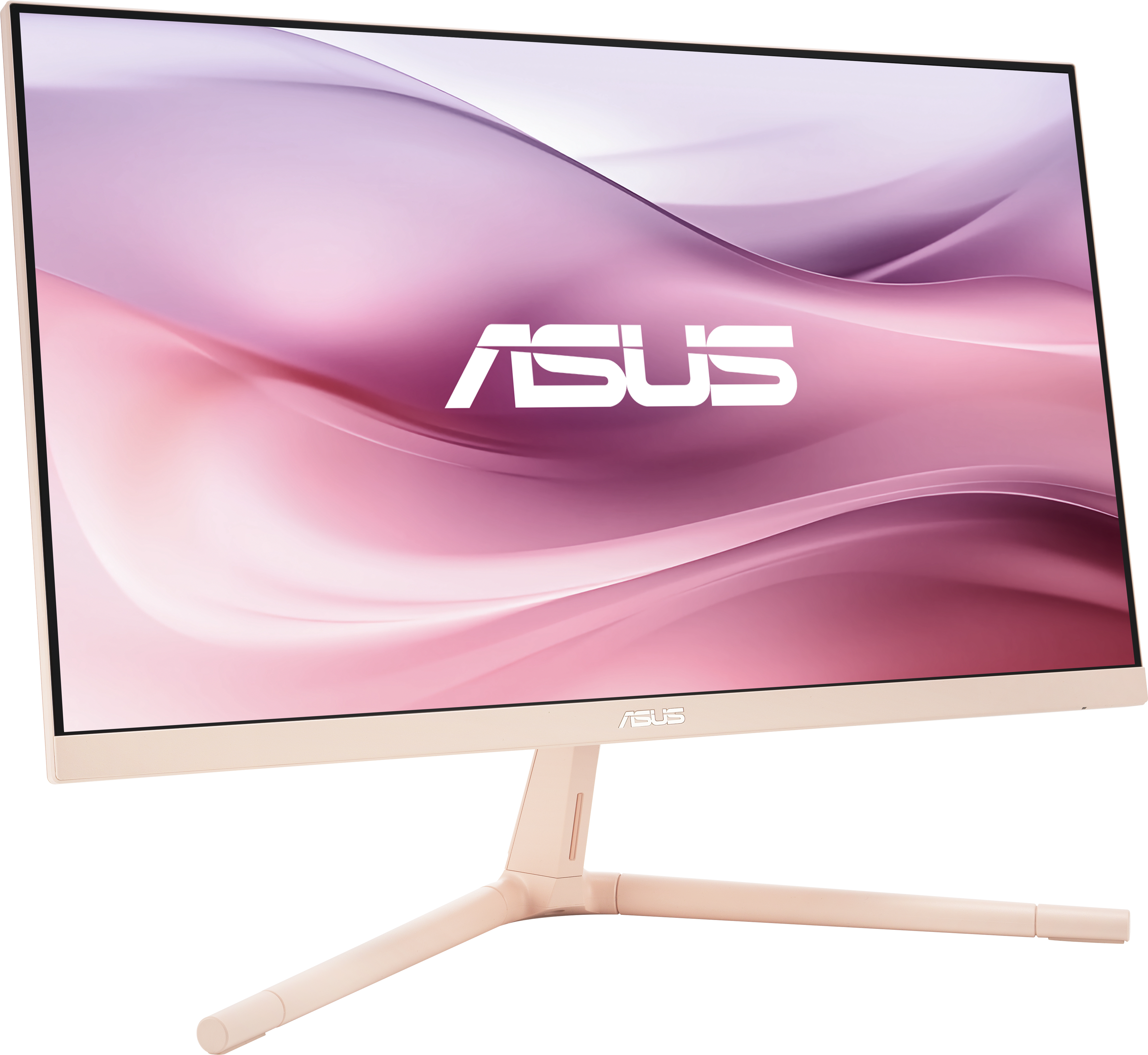 Un monitor per computer ASUS beige con uno schermo curvo che mostra uno sfondo astratto rosa e bianco.