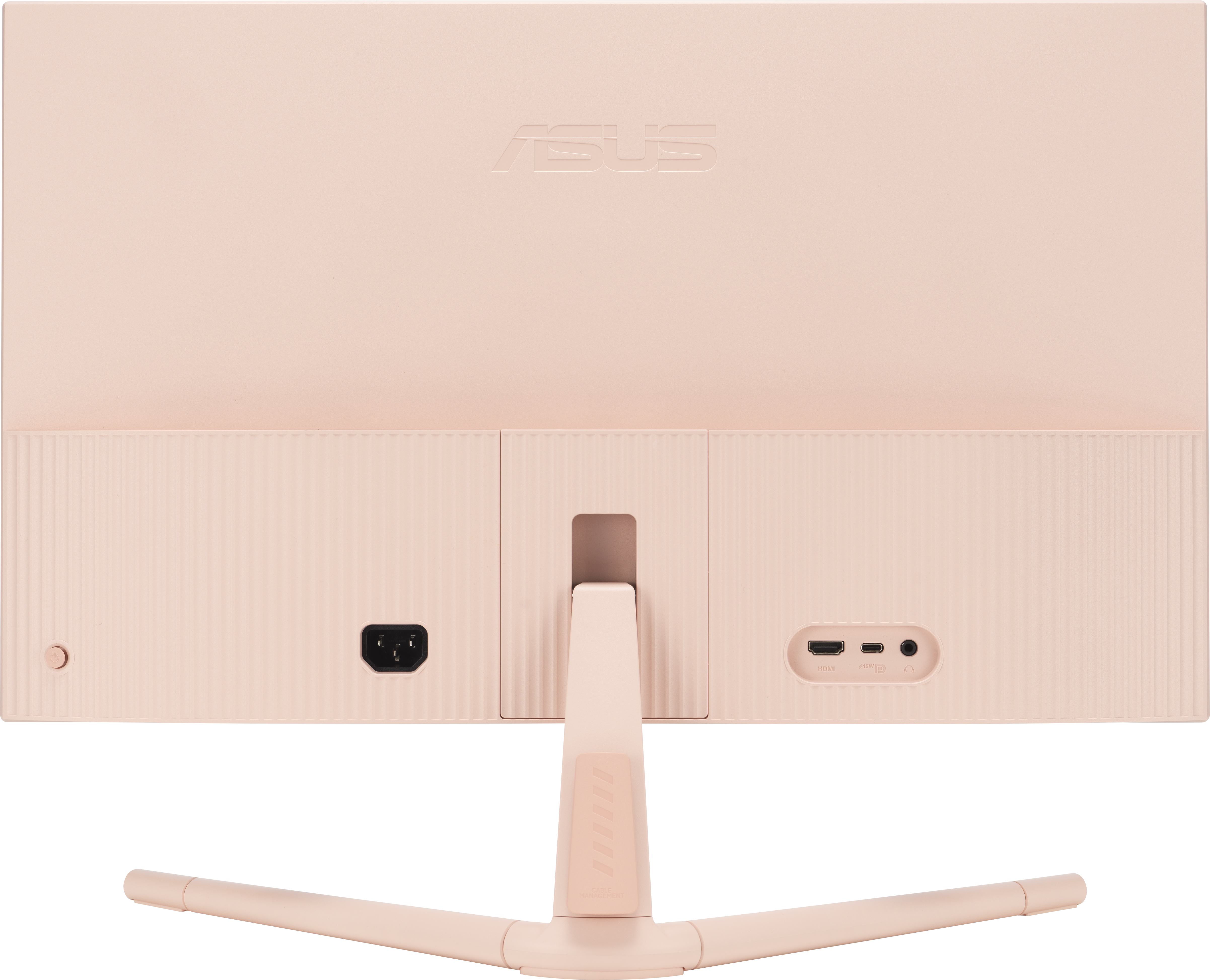 Retro di un monitor ASUS. Rosa, con supporto e porte. Il logo ASUS è visibile.