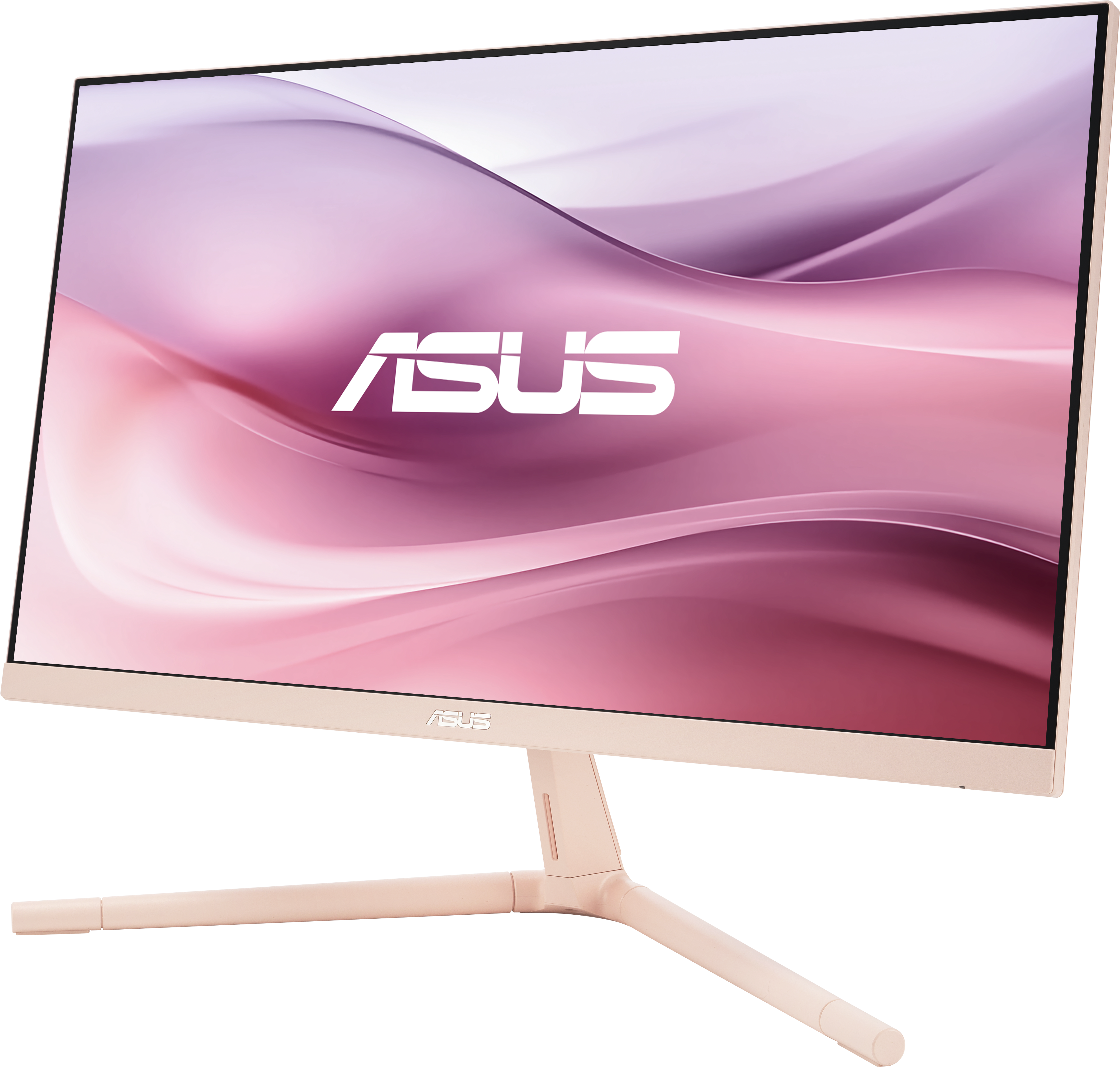 Monitor del computer con sfondo sfumato rosa e bianco.