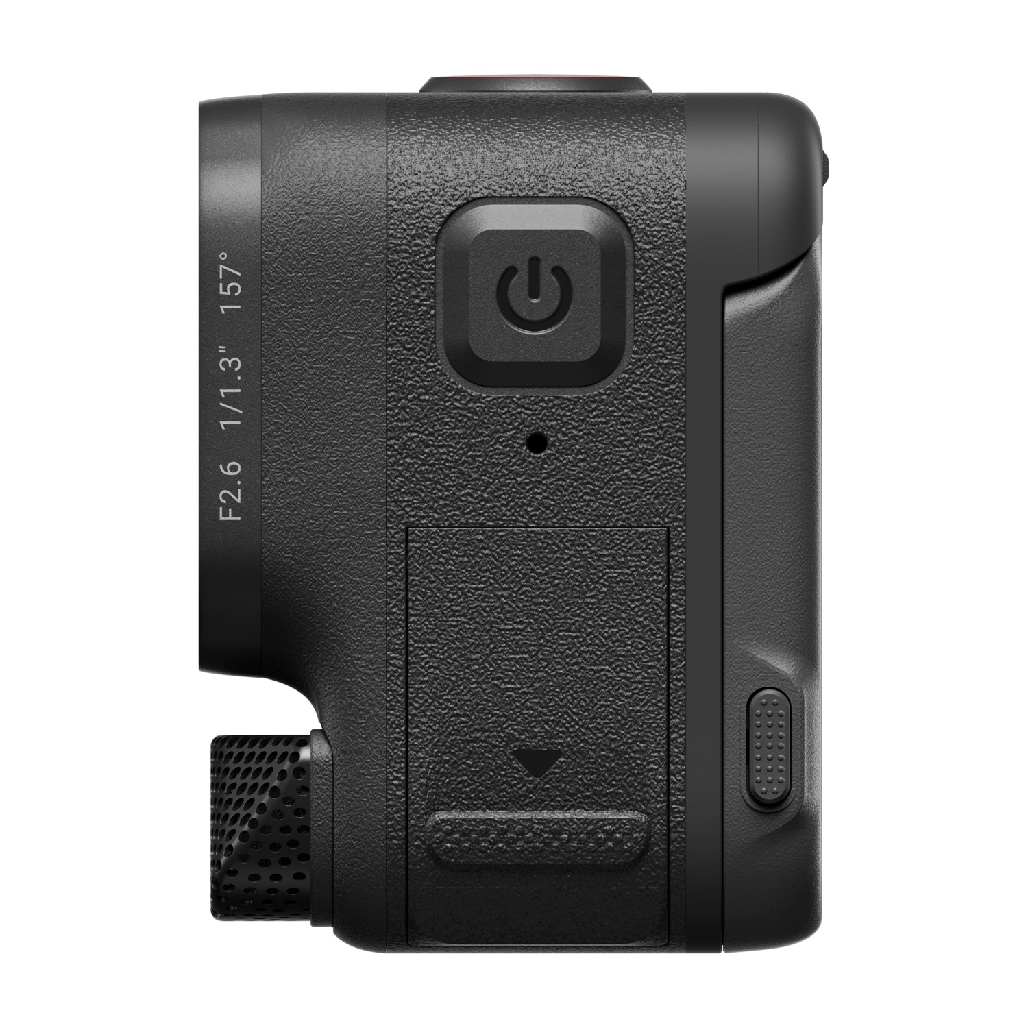 Una action cam nera. La fotocamera ha un pulsante di accensione e altri pulsanti, con testo sul lato.
