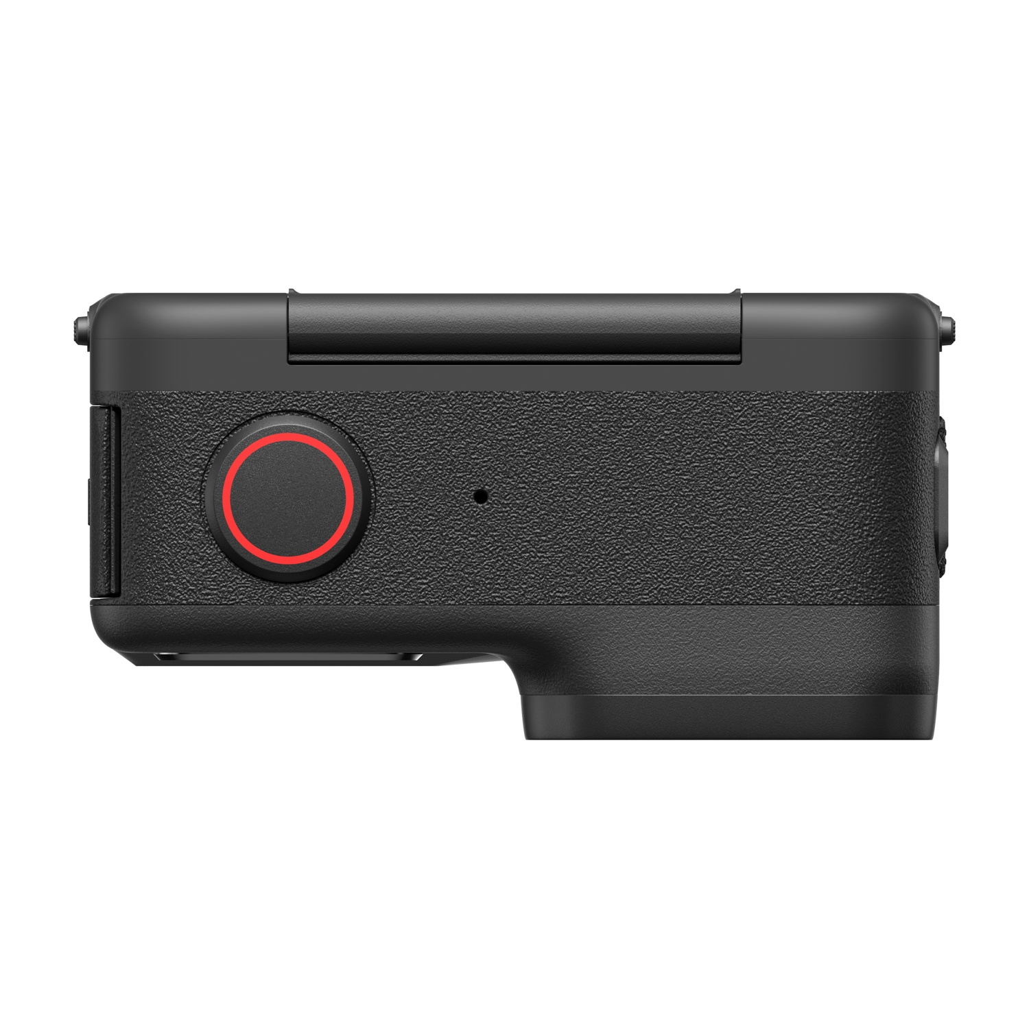 Action camera nera, vista dall'alto, con pulsante di registrazione rosso e impugnatura strutturata.