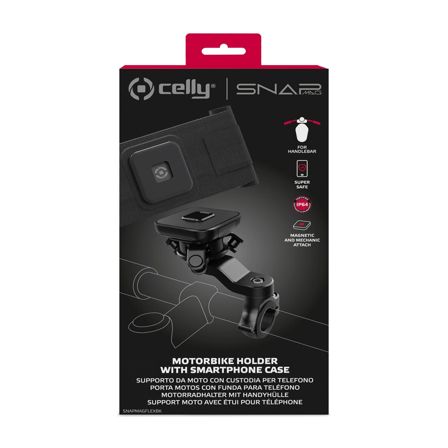 Supporto per moto con custodia per smartphone in una confezione. Testo: SnapMag.