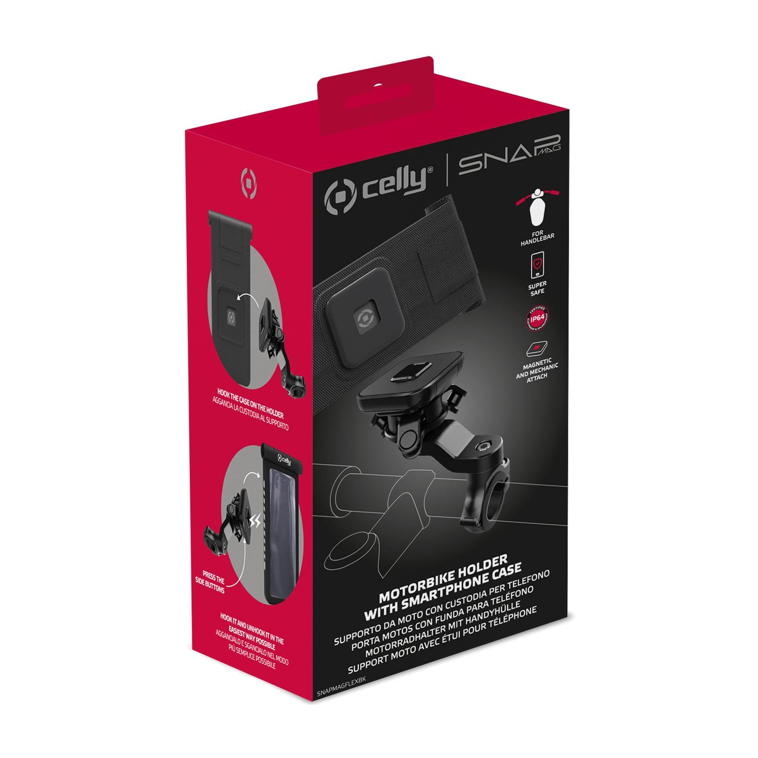 Scatola rossa e nera con supporto per moto, custodia per telefono e supporto manubrio.