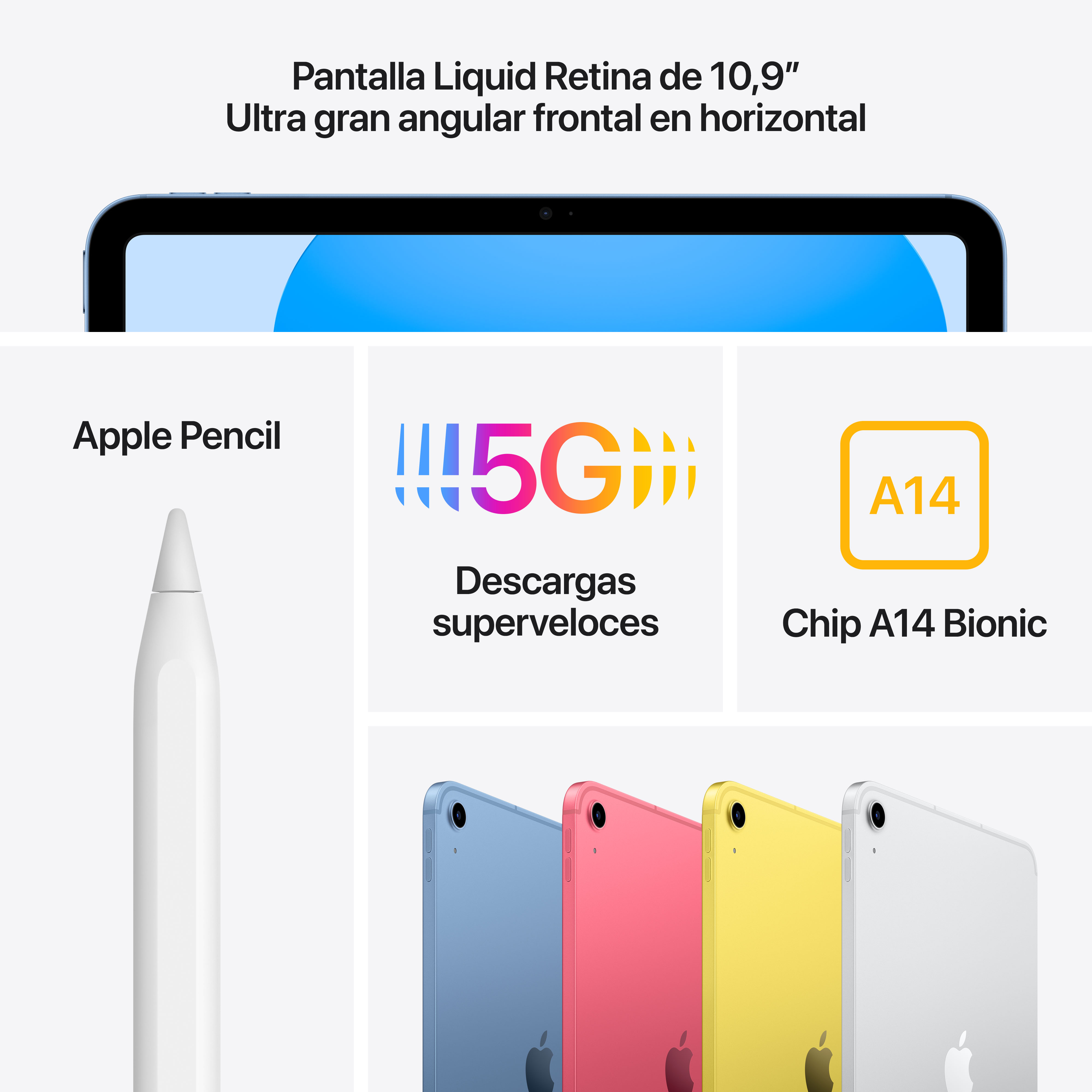 Tableta azul, lápiz blanco, logotipo 5G y chip A14, con tabletas coloridas en el fondo.