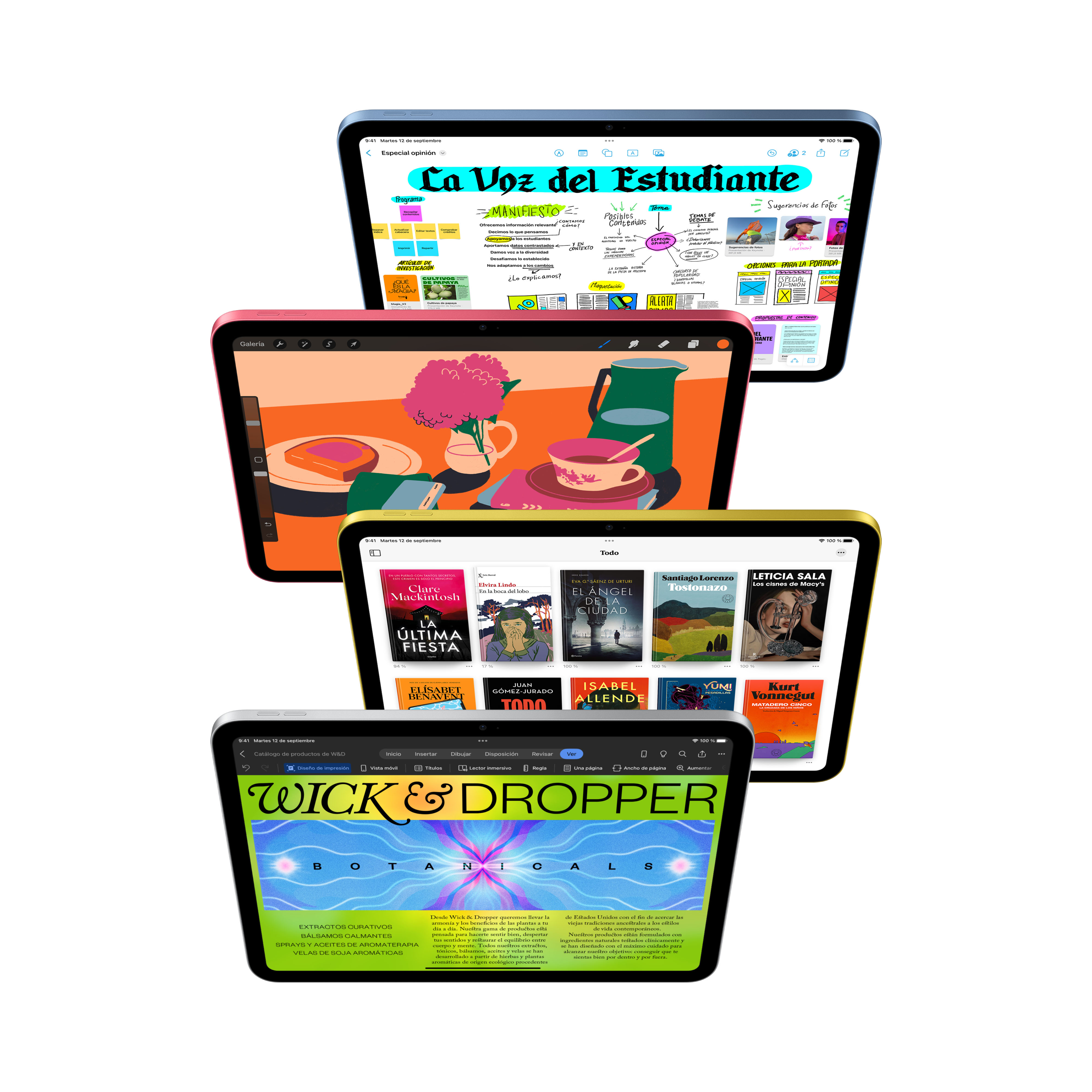 Cuatro iPads apilados, cada uno mostrando contenido diferente. El superior muestra un mapa mental, otros muestran dibujos y portadas de libros.