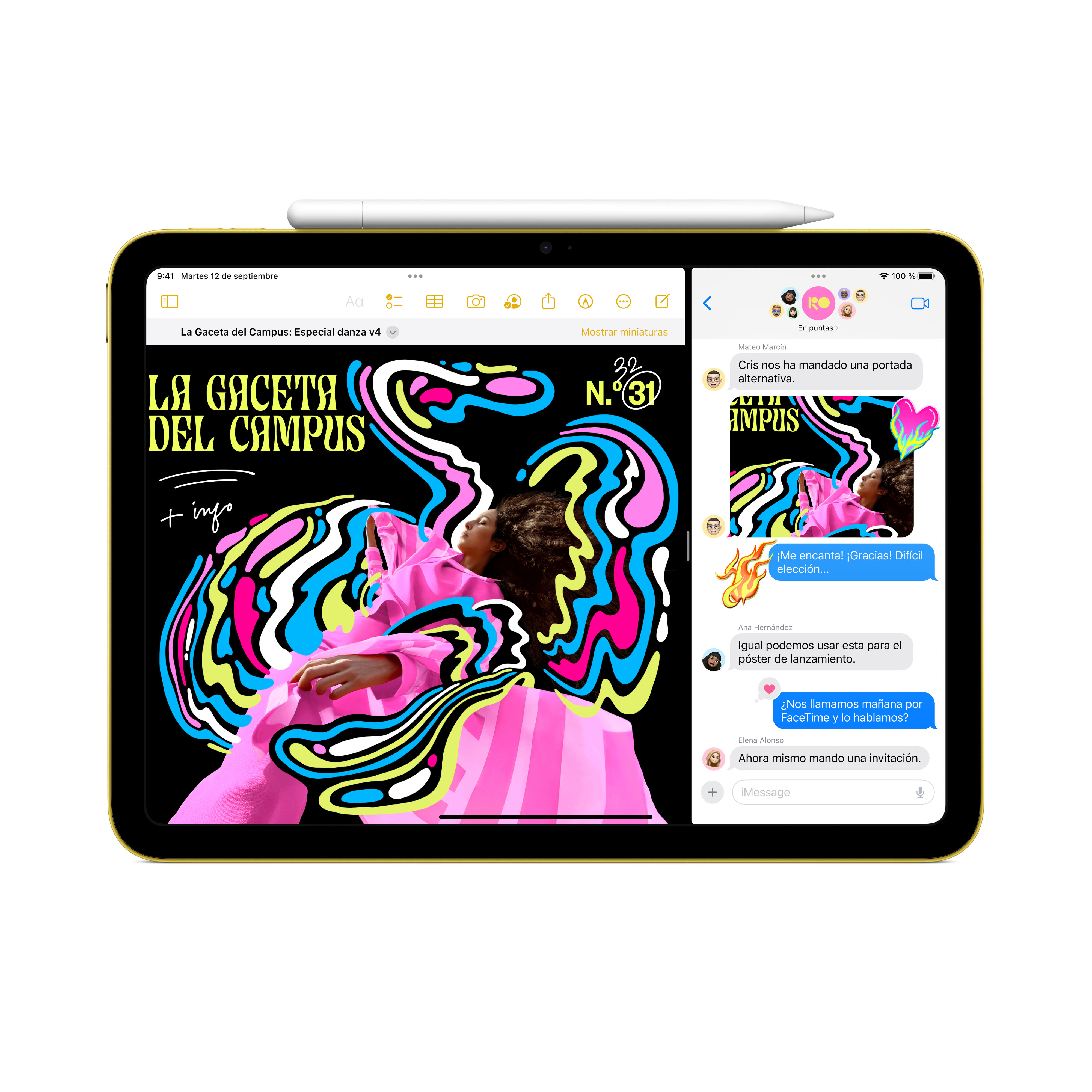 Tableta mostrando una portada de revista con arte abstracto colorido. También es visible una conversación de chat.