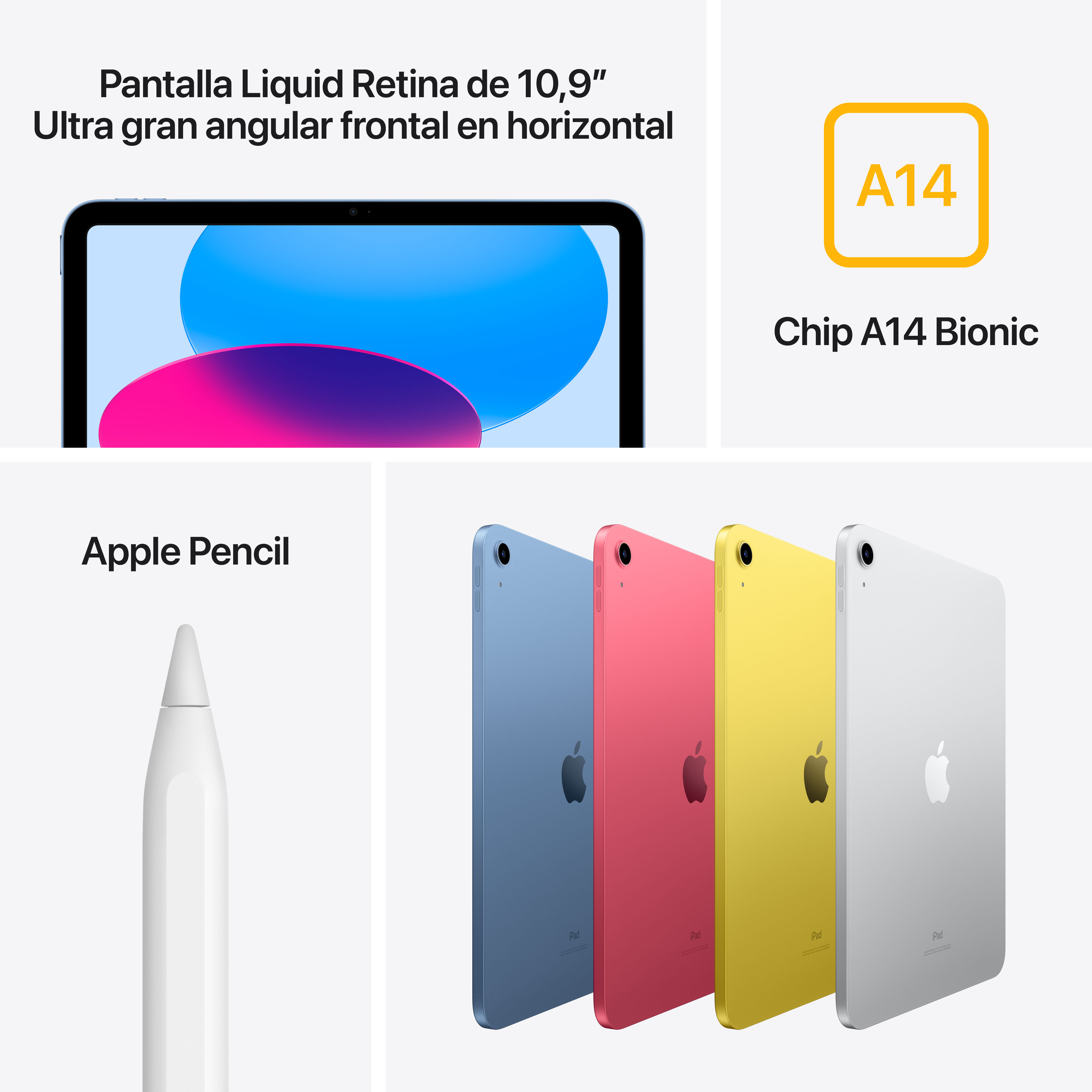 Apple iPad con un lápiz y información sobre el chip A14 Bionic.