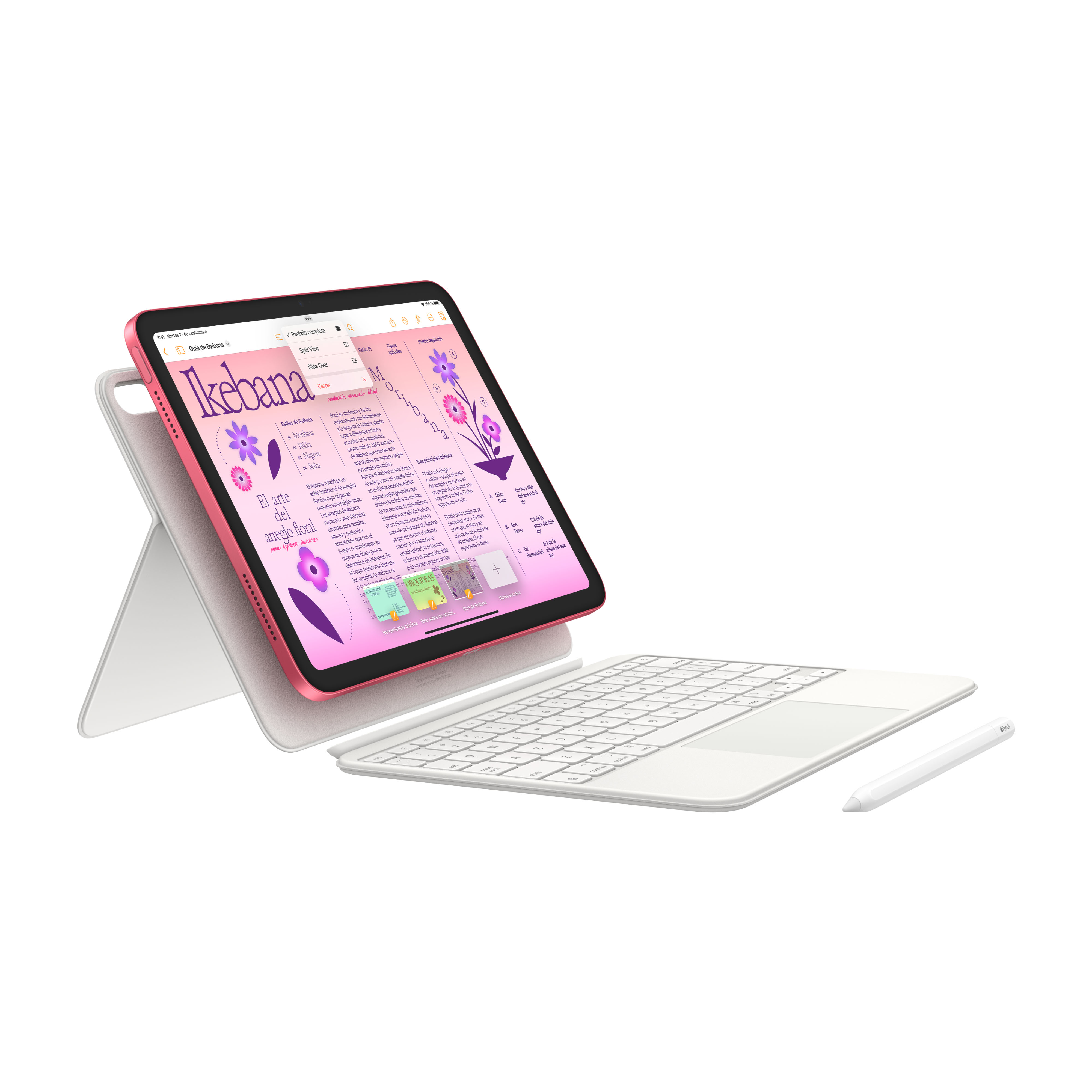Un iPad con teclado y lápiz óptico sobre una superficie blanca. La pantalla muestra un documento.