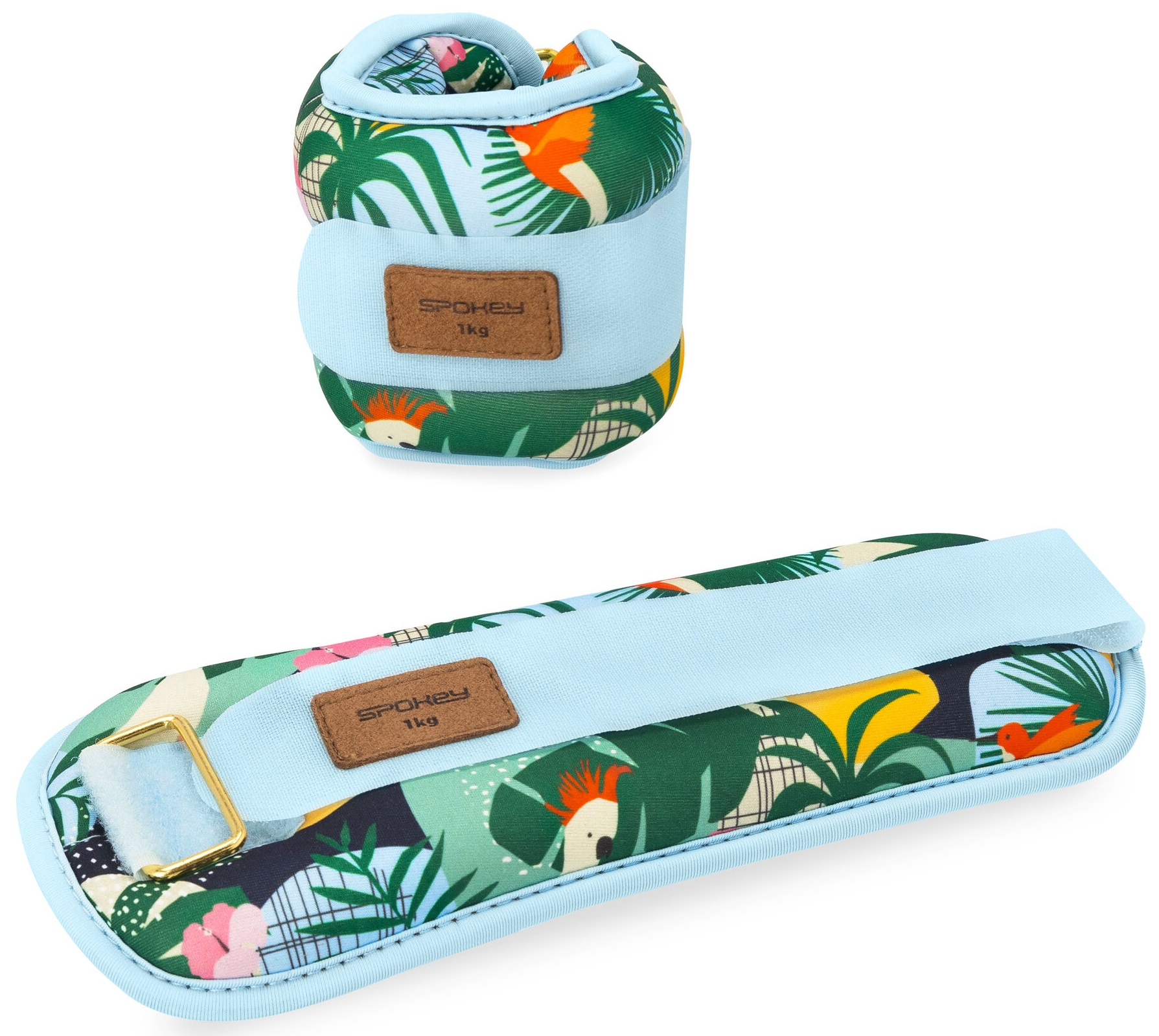 Dwa obciążniki na kostki z tropikalnymi wzorami. Jeden na górze, drugi rozłożony.