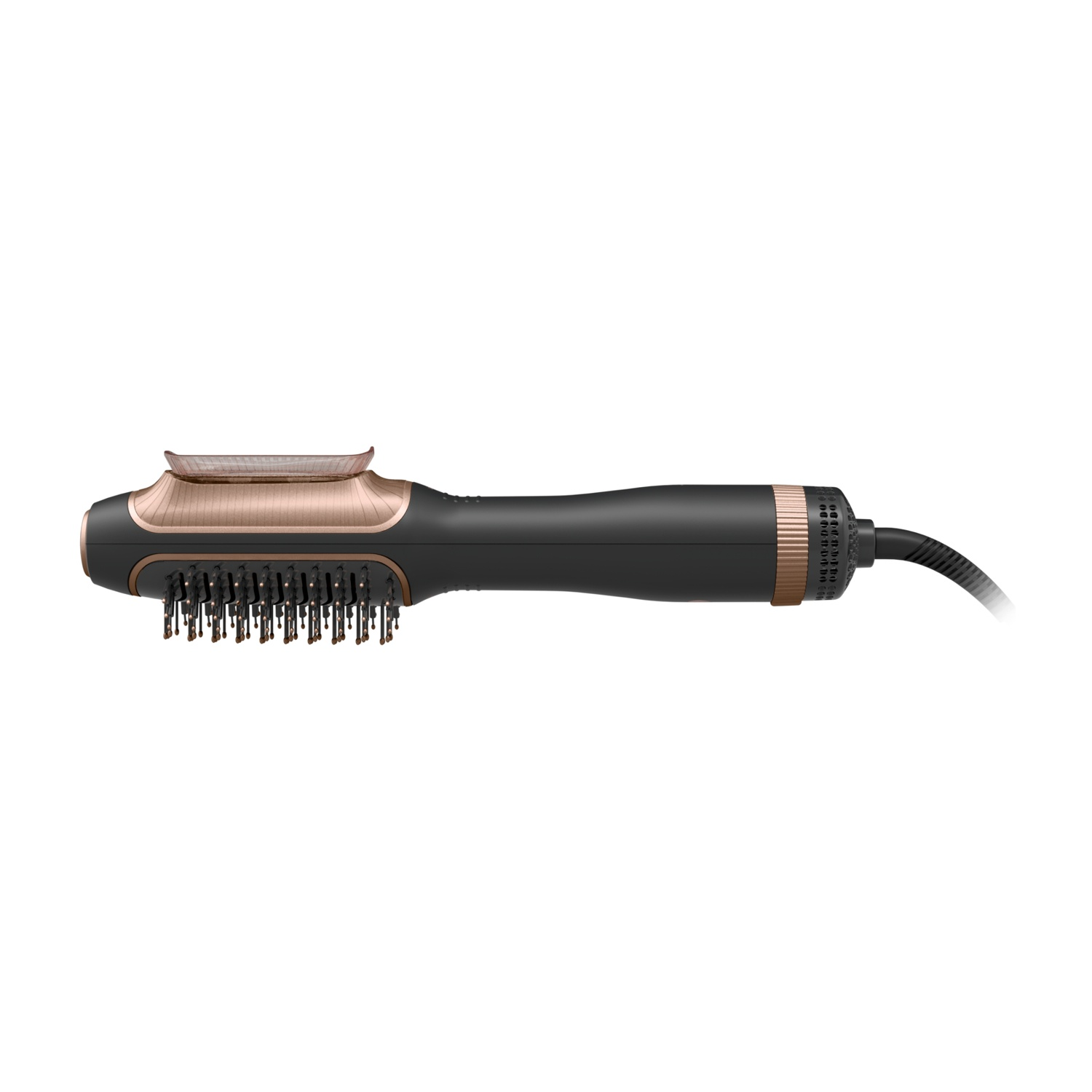 Una spazzola per capelli nera e oro rosa su sfondo bianco.