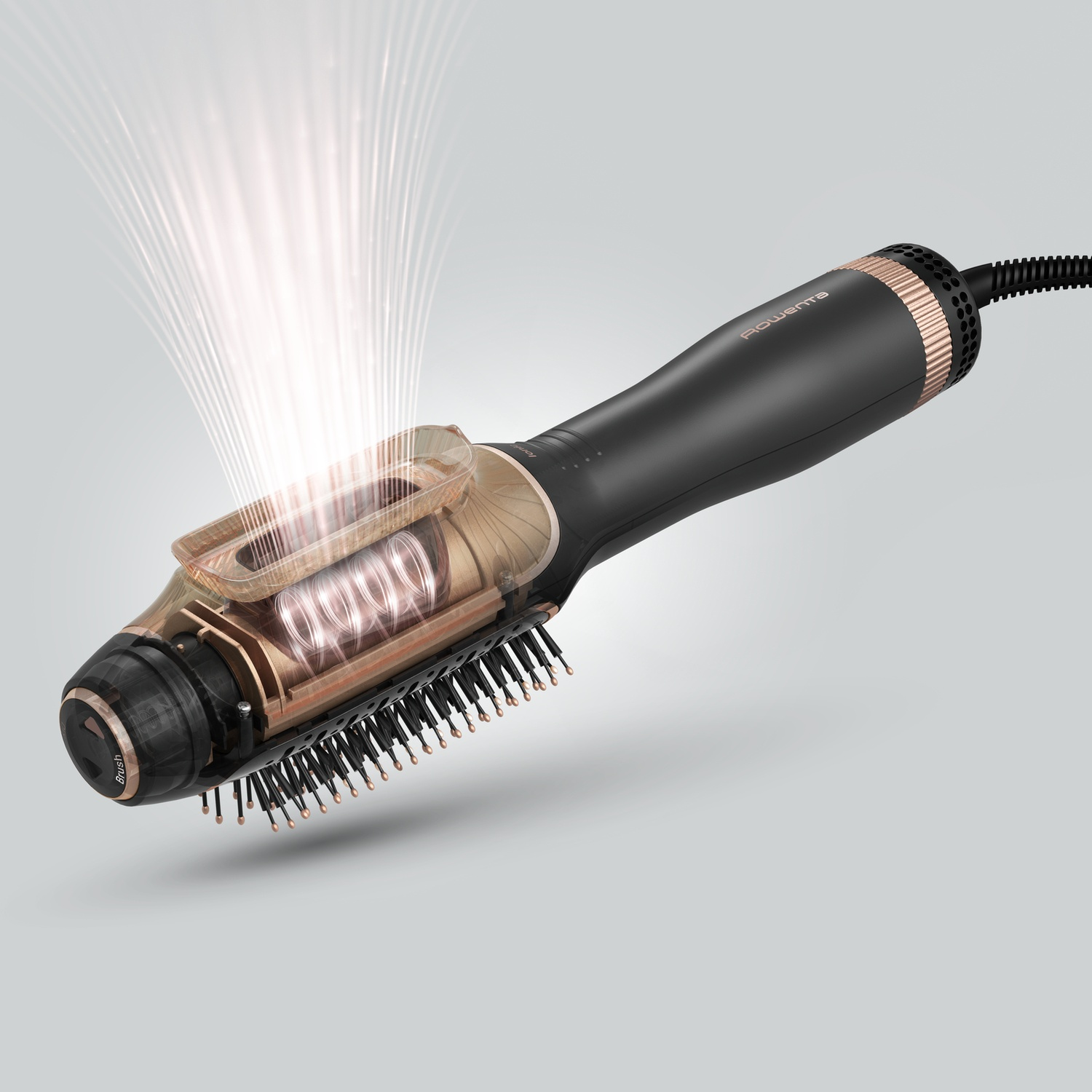 Piastra per capelli con vista a sezione, che mostra elementi riscaldanti e flusso.