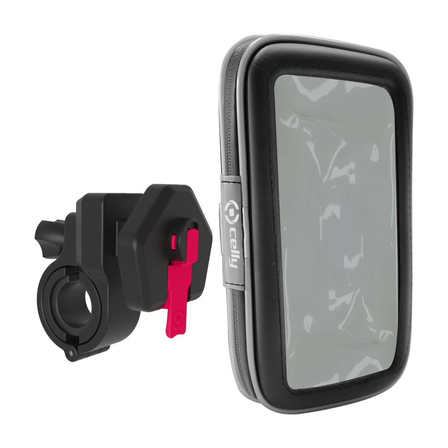 Supporto per telefono da bici, nero con custodia grigia. Pulsante di rilascio rosso.