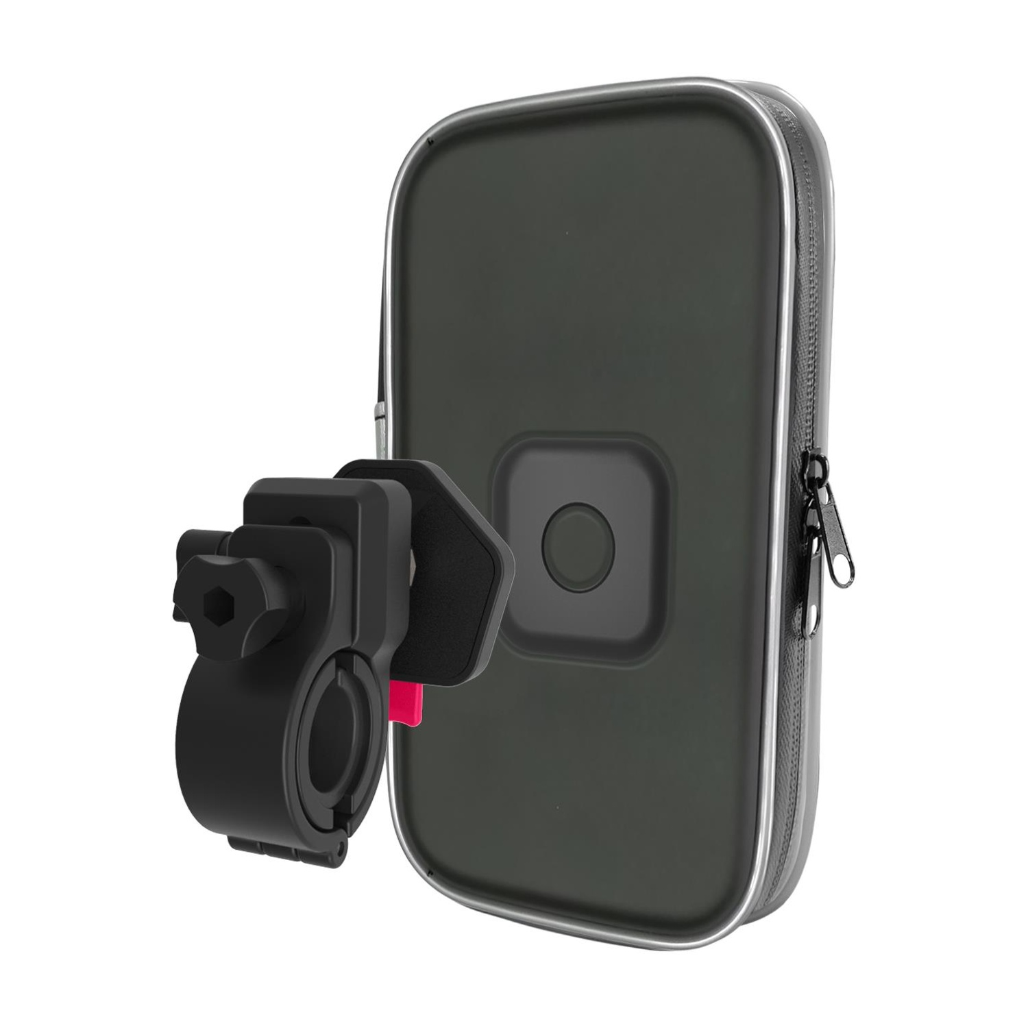 Custodia nera per telefono con staffa di montaggio, montata sul manubrio di una bicicletta.