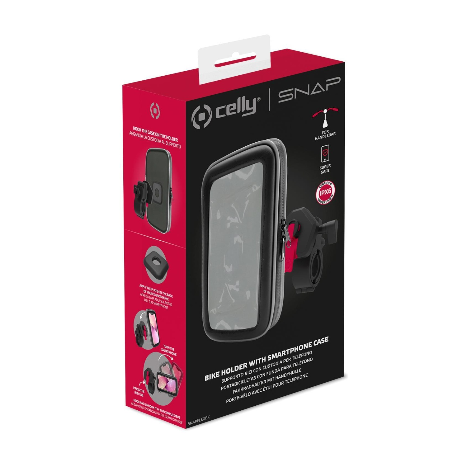 Una scatola di supporto per telefono da bici rossa e nera con immagini e testo che descrivono il prodotto.