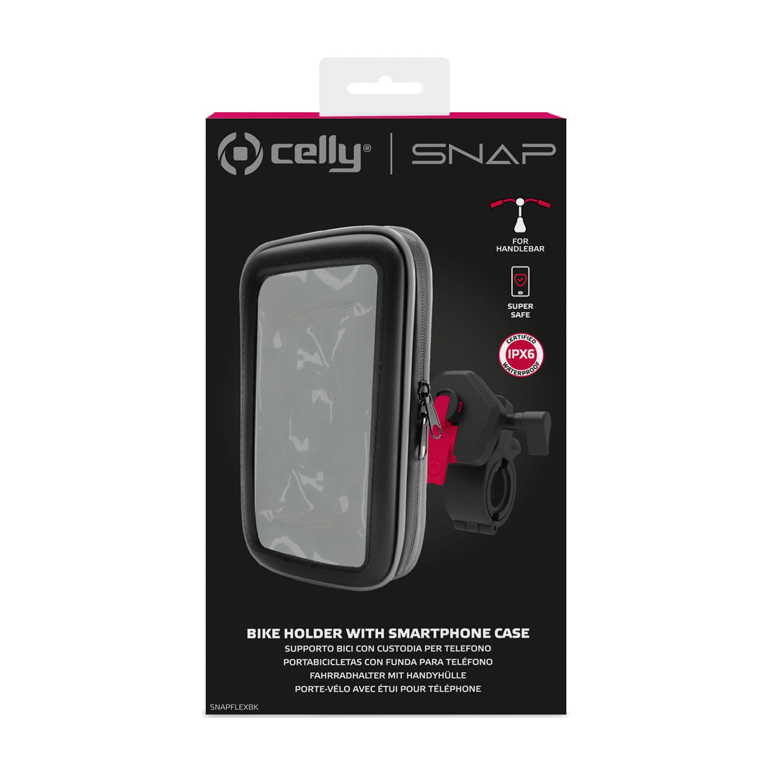 Supporto per telefono da bici in confezione, che mostra il supporto e uno smartphone.