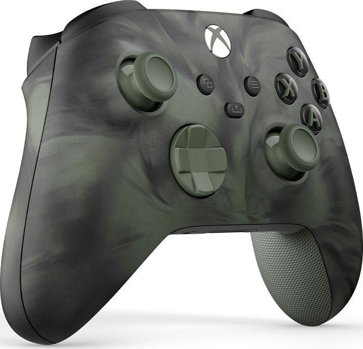 Zielony, szary kontroler Xbox. Widoczne przyciski i joysticki. Logo Xbox w centrum.