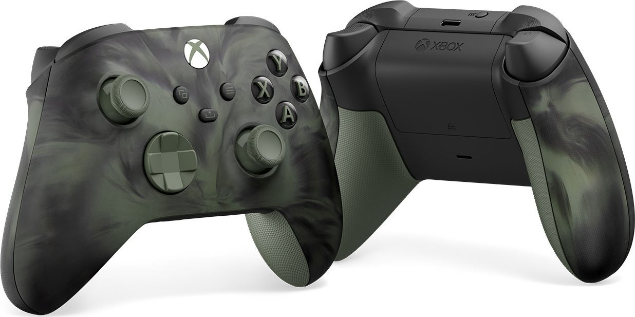Dwa kontrolery Xbox, widok z przodu i z tyłu. Kontrolery mają marmurkowy zielono-czarny design z szarymi przyciskami.