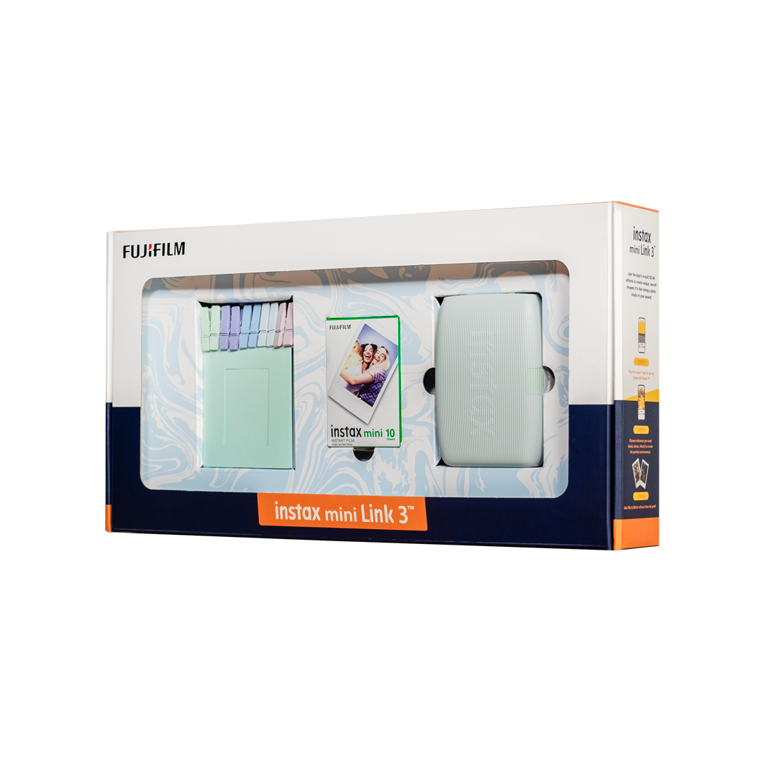 Kutulu Fujifilm Instax Mini Link 3 yazıcı seti, yazıcı, film ve aksesuarlarla.