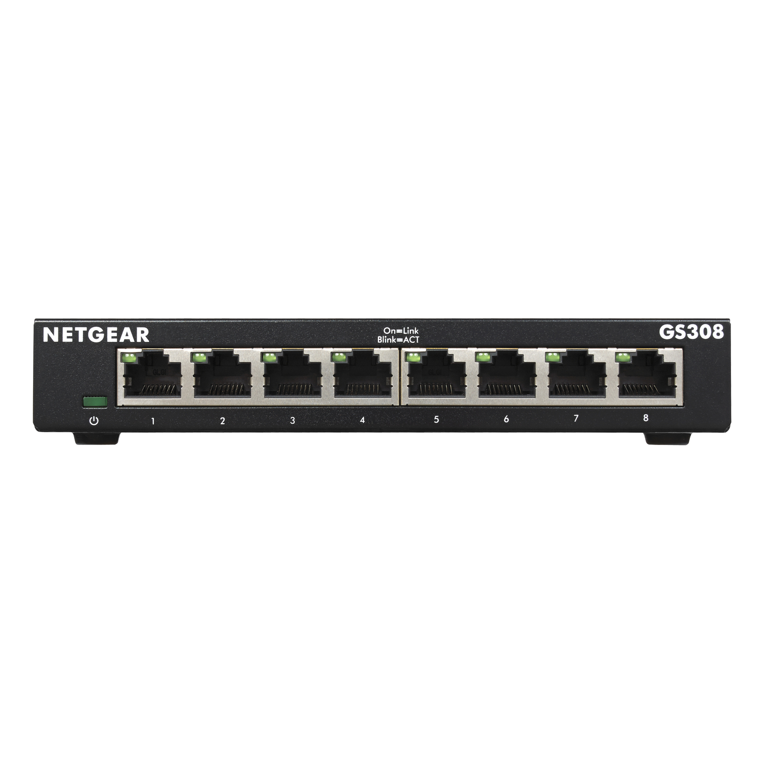 A black network switch with 8 ports, labeled NETGEAR GS308.