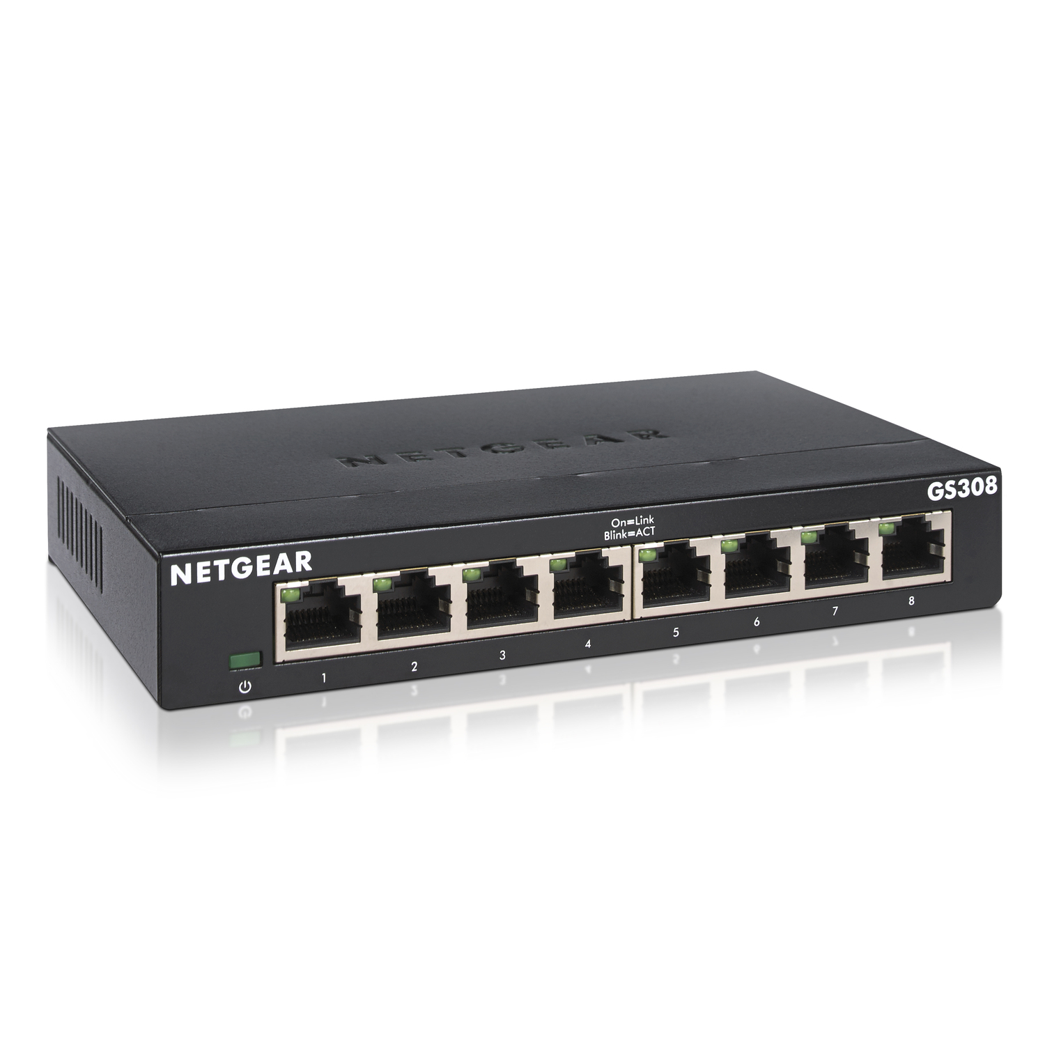 Black Netgear switch with eight numbered ports.