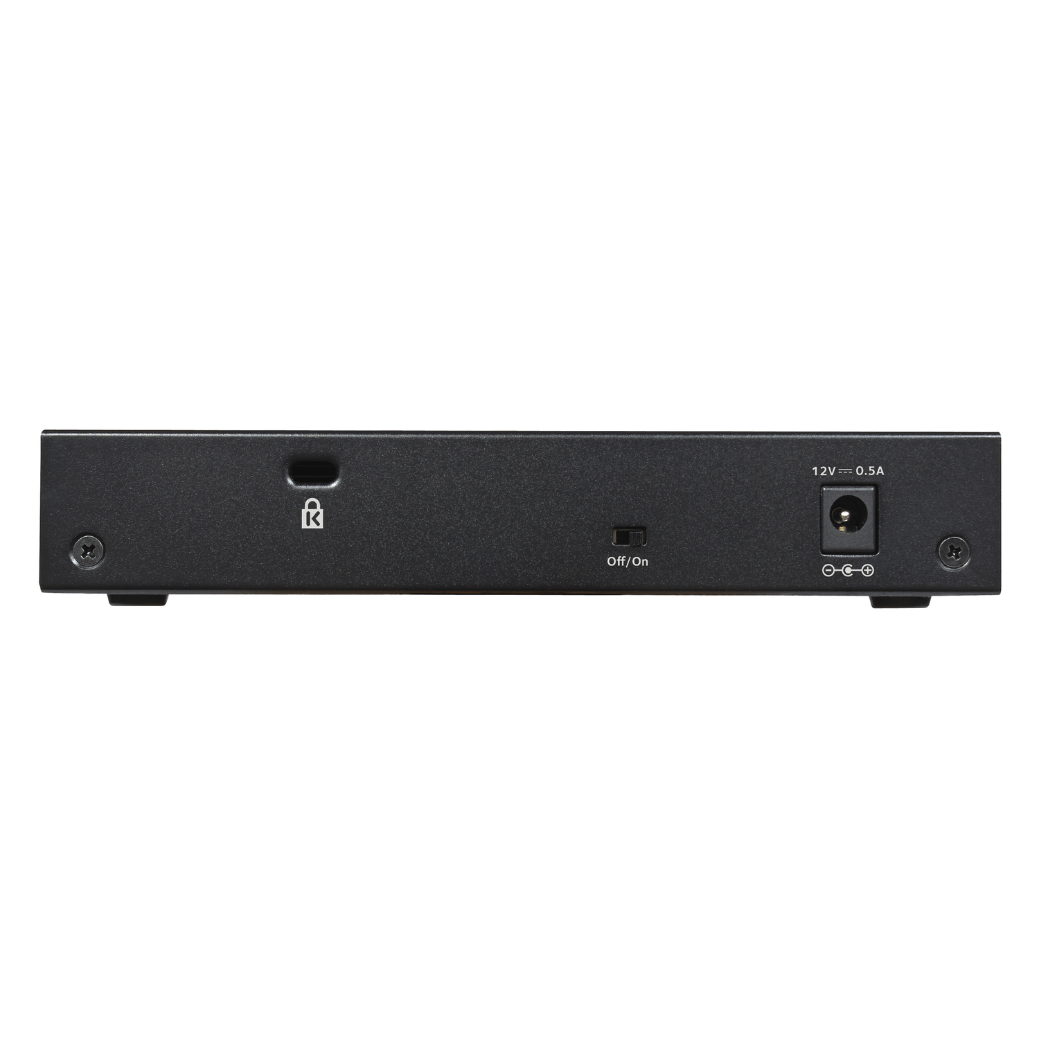 Black network switch with connection ports, power input and on/off switch.