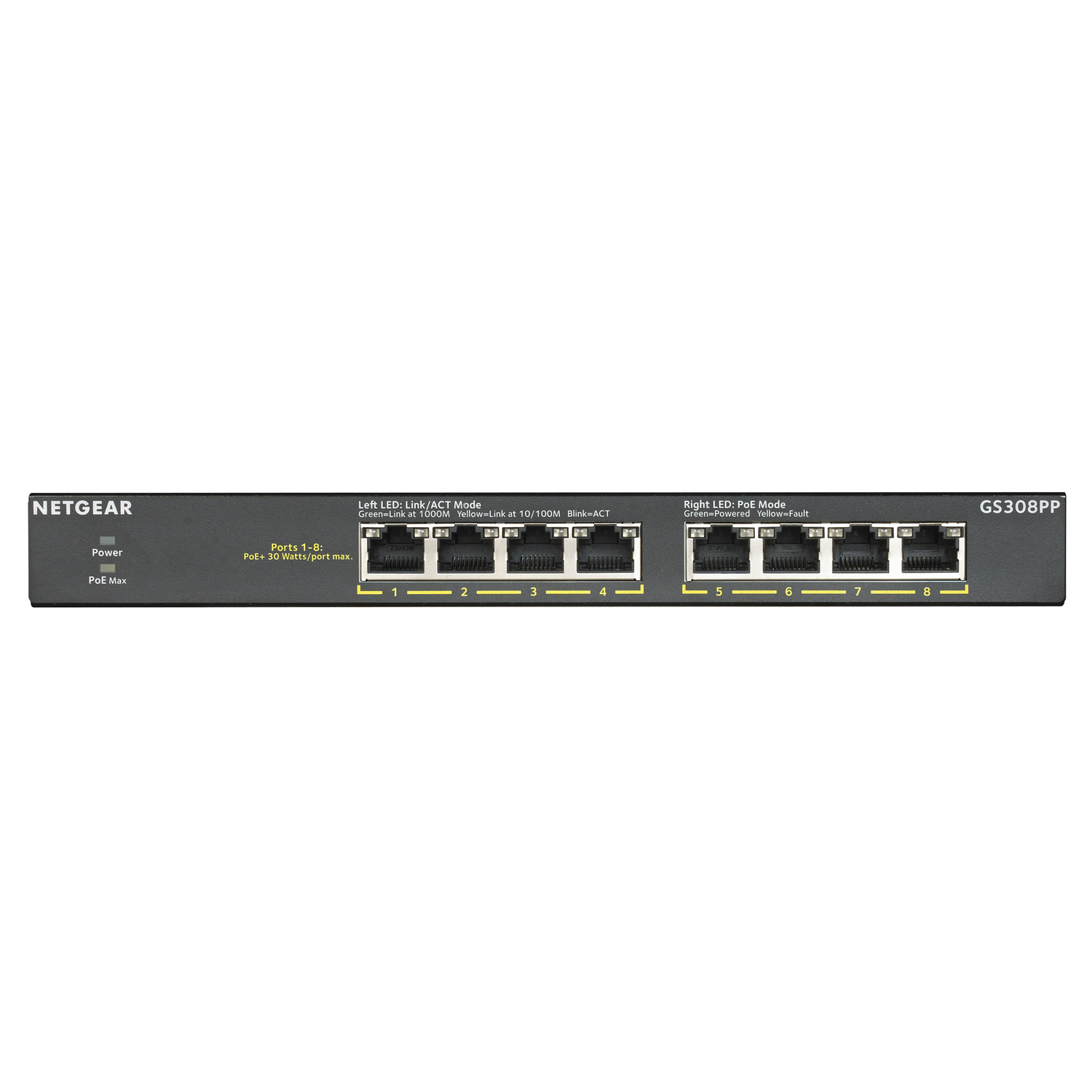 Black NETGEAR network switch with ports and LED lights. White background.