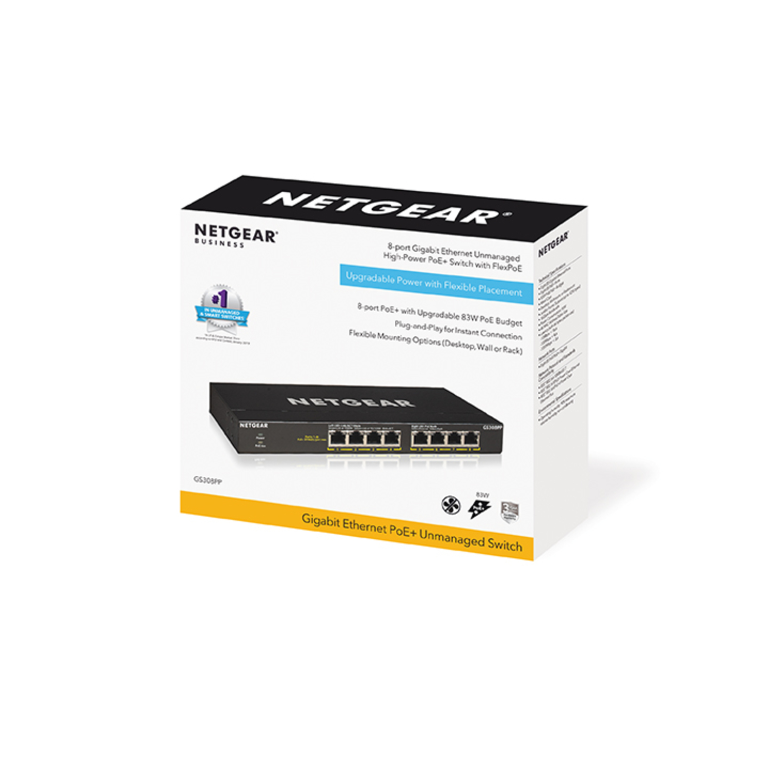 White box with black NETGEAR Gigabit Ethernet switch. Text and logo are visible.