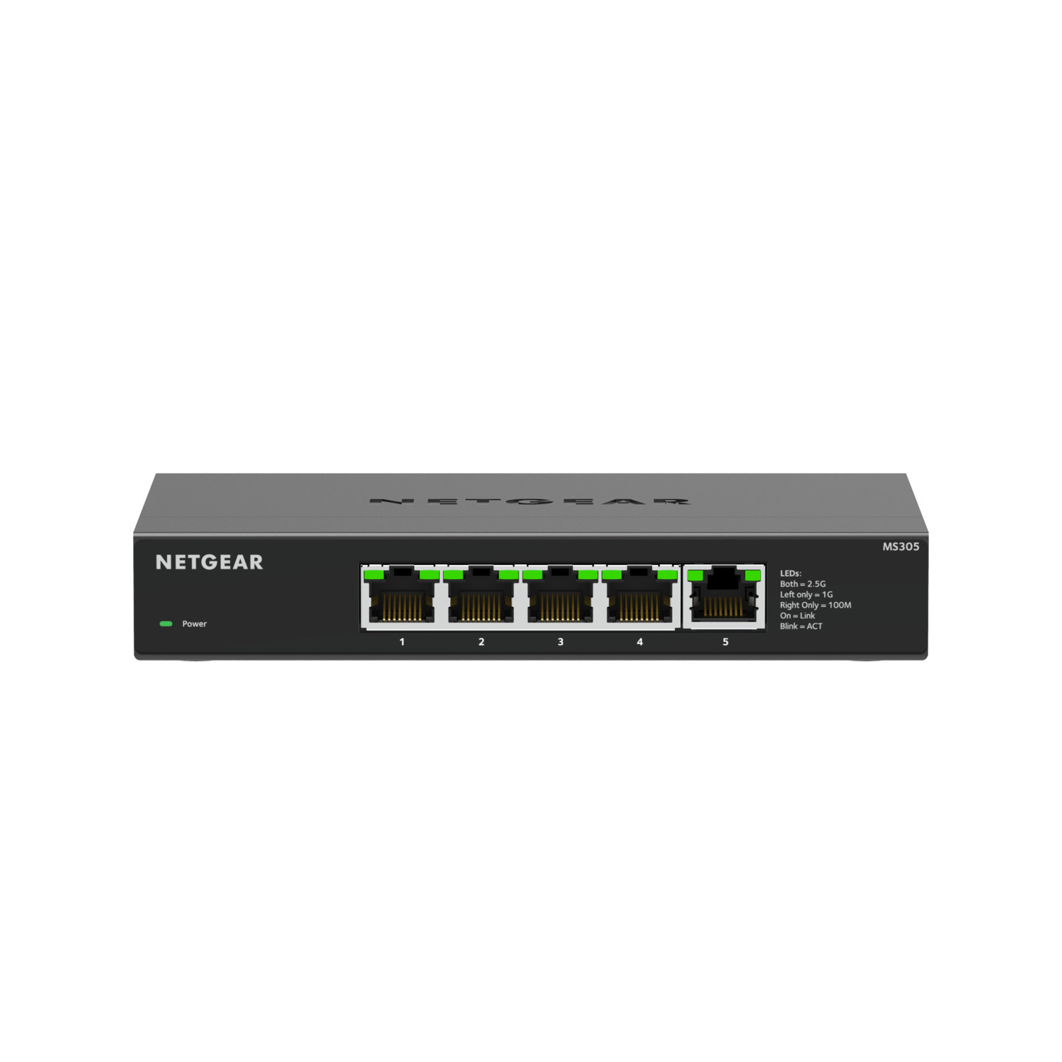 Un commutateur réseau noir avec cinq ports numérotés. Le logo NETGEAR est bien visible.