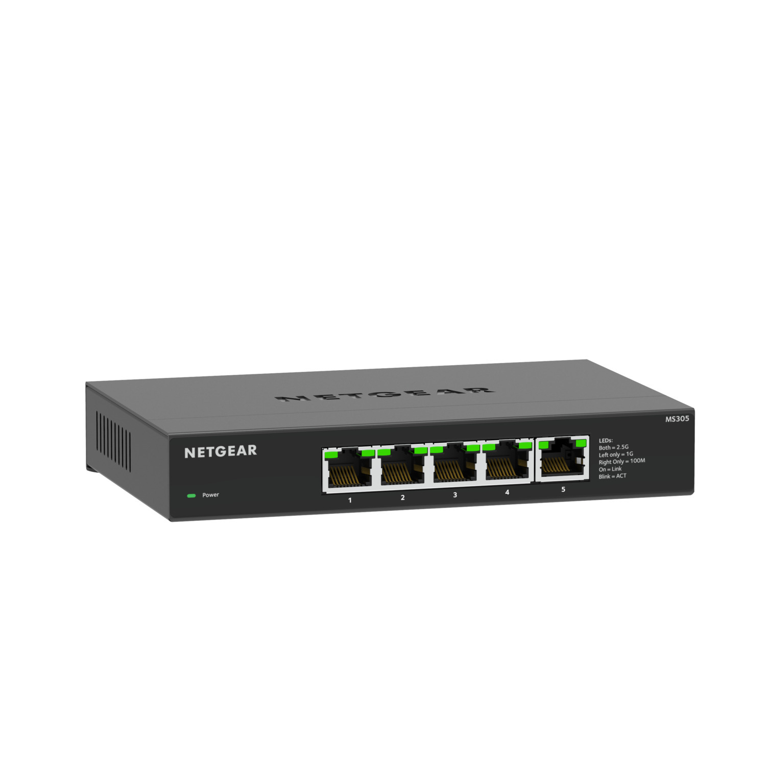 Switch NETGEAR noir avec cinq ports verts et jaunes, étiquetés 1-5. LED d'alimentation allumée.