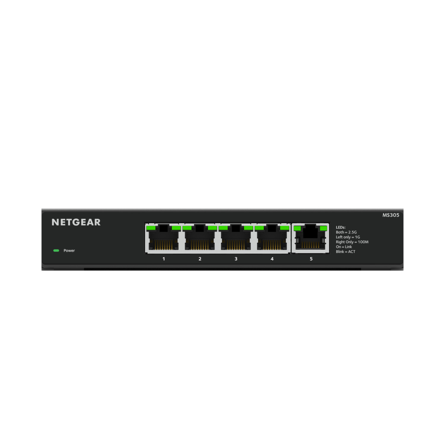 Commutateur Netgear noir avec indicateur d'alimentation vert et cinq ports numérotés.