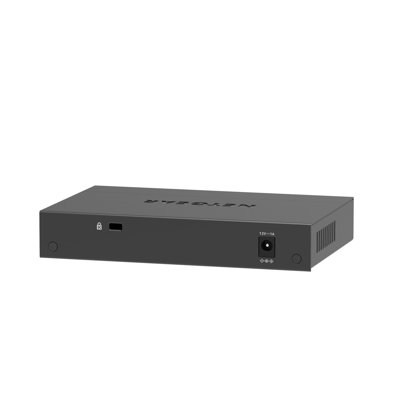 Un appareil NETGEAR noir avec un port d'alimentation, un symbole de cadenas et une série de ports de connexion à l'arrière.