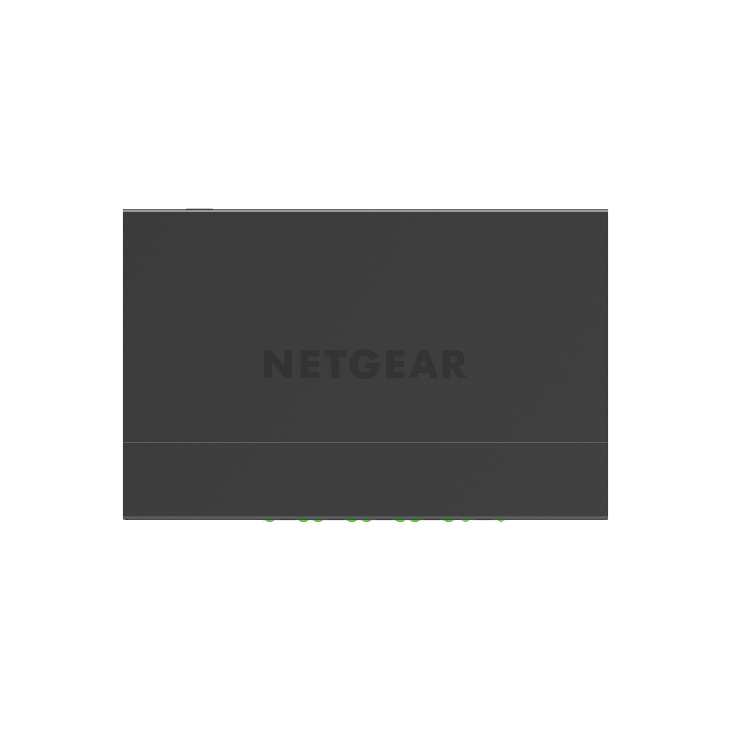Appareil Netgear sur fond blanc. C'est un commutateur gris foncé avec des lumières vertes.