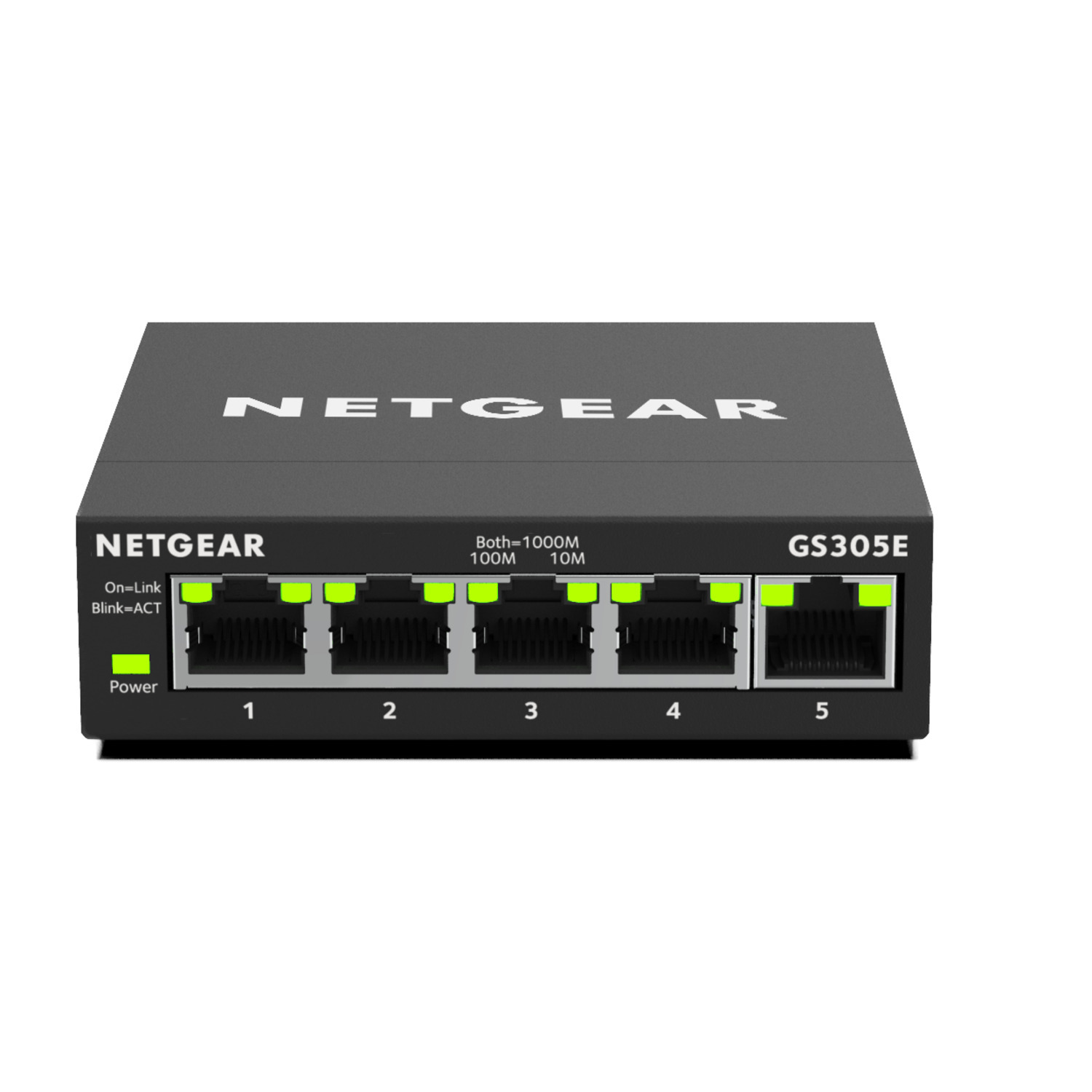 Un commutateur réseau NETGEAR GS305E noir avec cinq ports, alimentation et voyants d'activité.