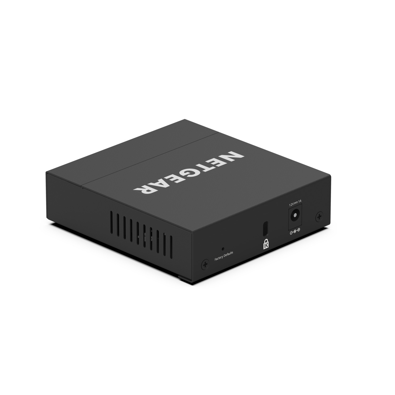 Commutateur réseau noir, produit NETGEAR, avec ports et étiquettes.