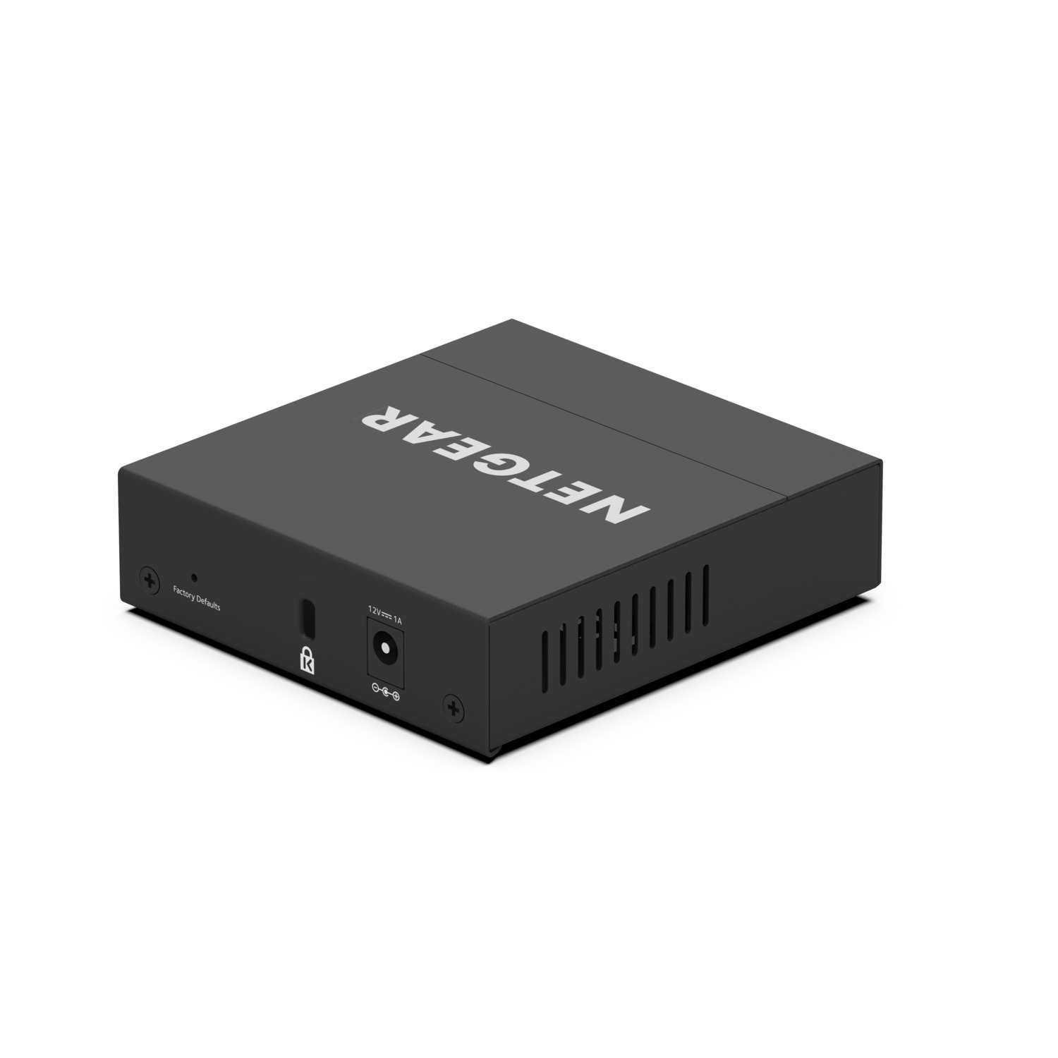 Un petit appareil réseau Netgear noir. Le mot NETGEAR est écrit en haut.