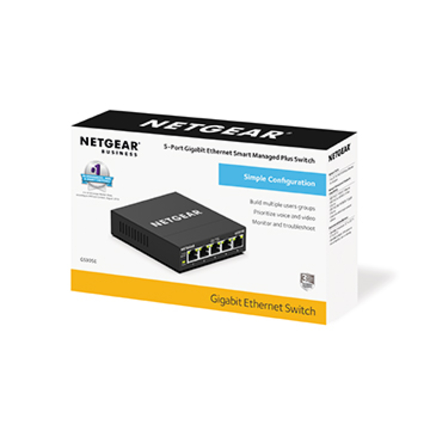 Une boîte de commutateur Ethernet Gigabit NETGEAR sur fond blanc.