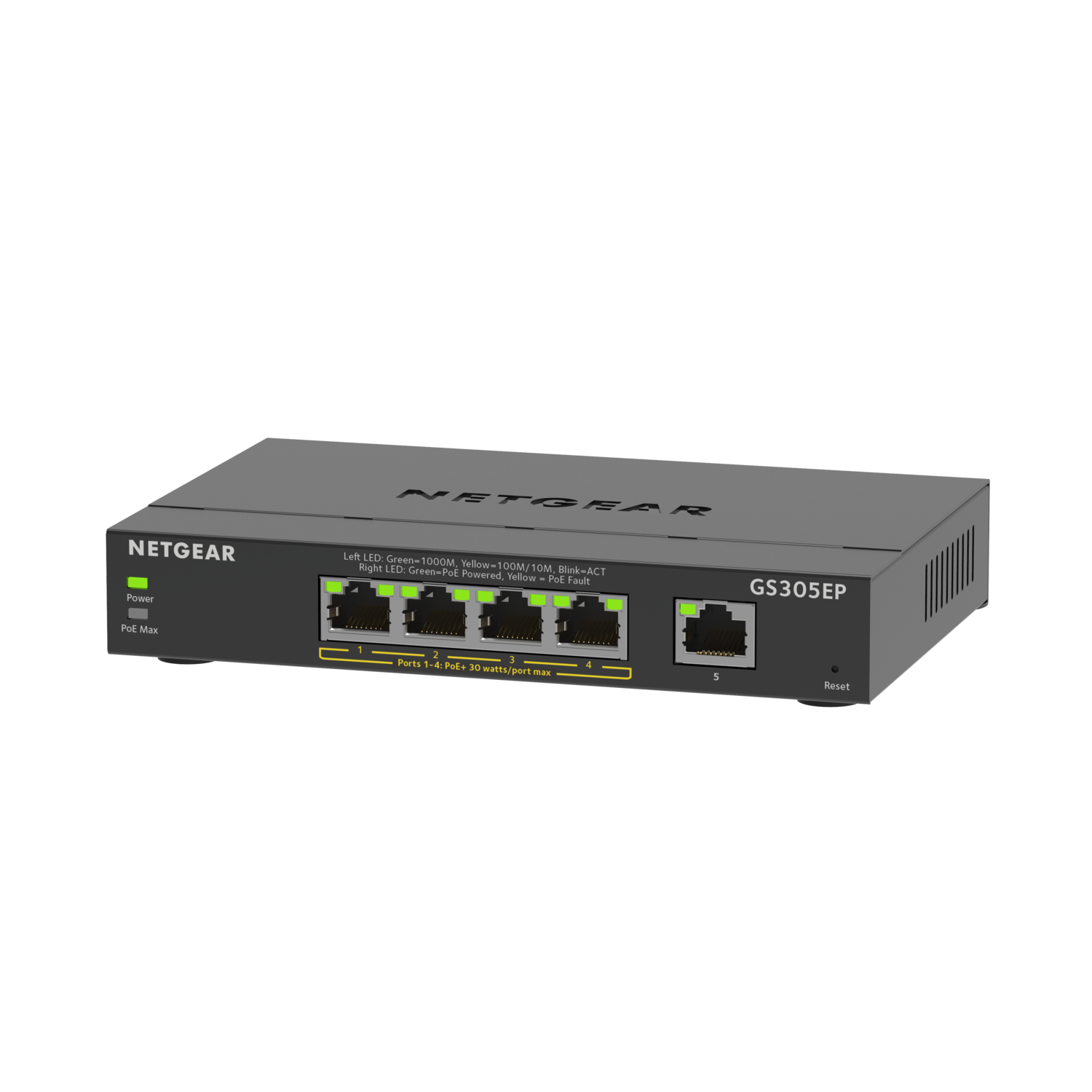 Commutateur Netgear. Appareil noir avec cinq ports et voyants LED. Fond sombre.