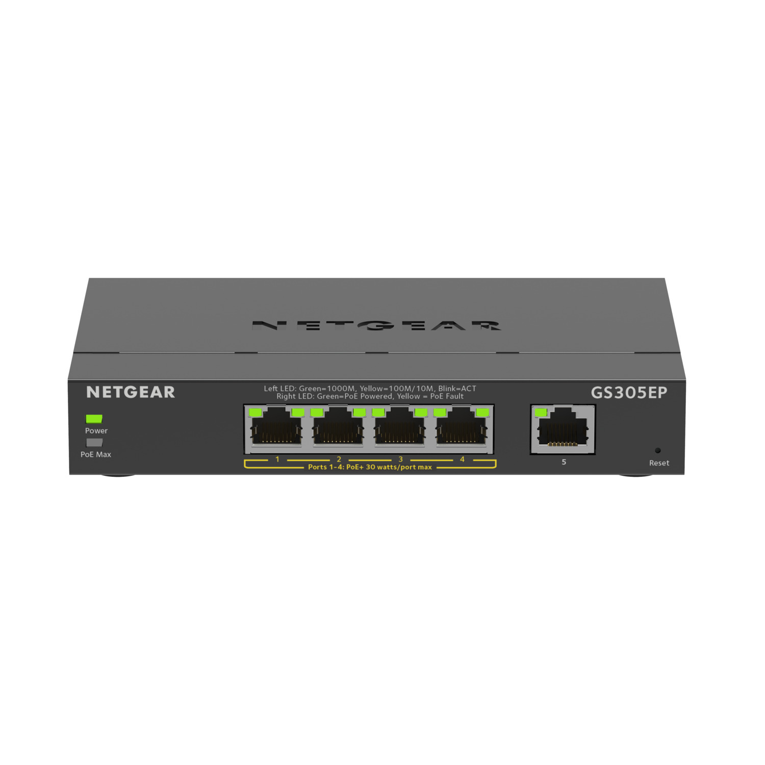 Un commutateur réseau Netgear avec plusieurs ports et un indicateur d'alimentation.