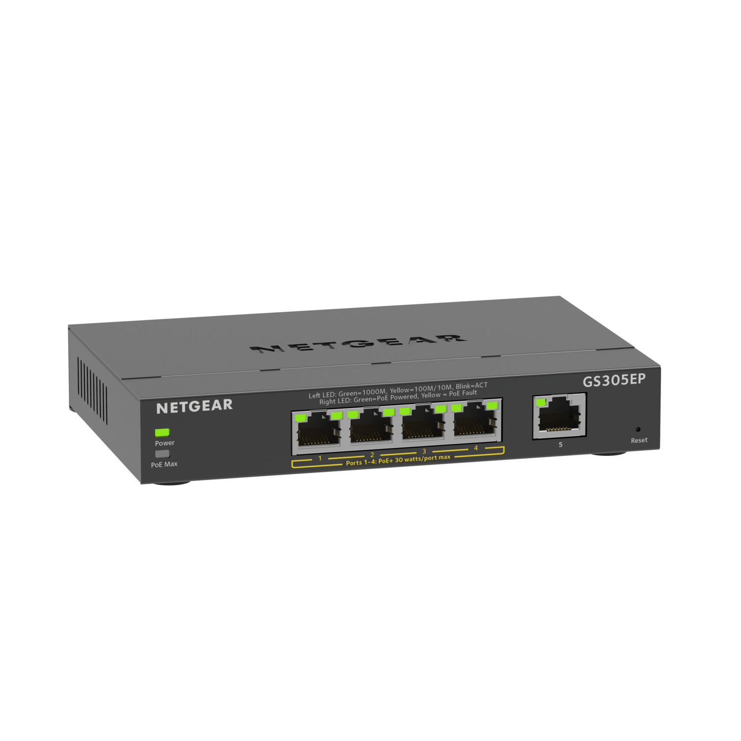 Un commutateur réseau noir et gris. Il possède plusieurs ports et voyants, et la marque NETGEAR est visible.