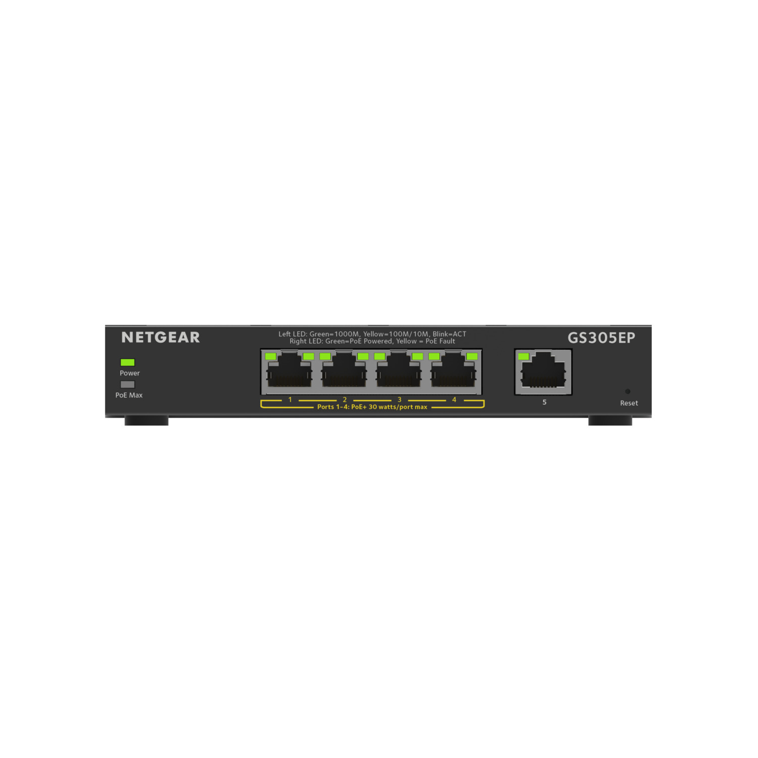 Commutateur Netgear GS305EP noir avec cinq ports. Les ports sont numérotés. Le commutateur a des indicateurs d'alimentation et PoE.