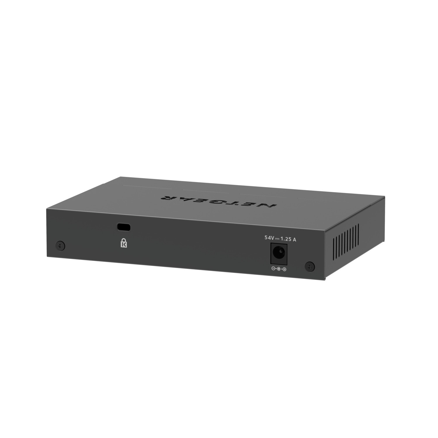 Appareil de commutation réseau Netgear noir sur fond blanc.