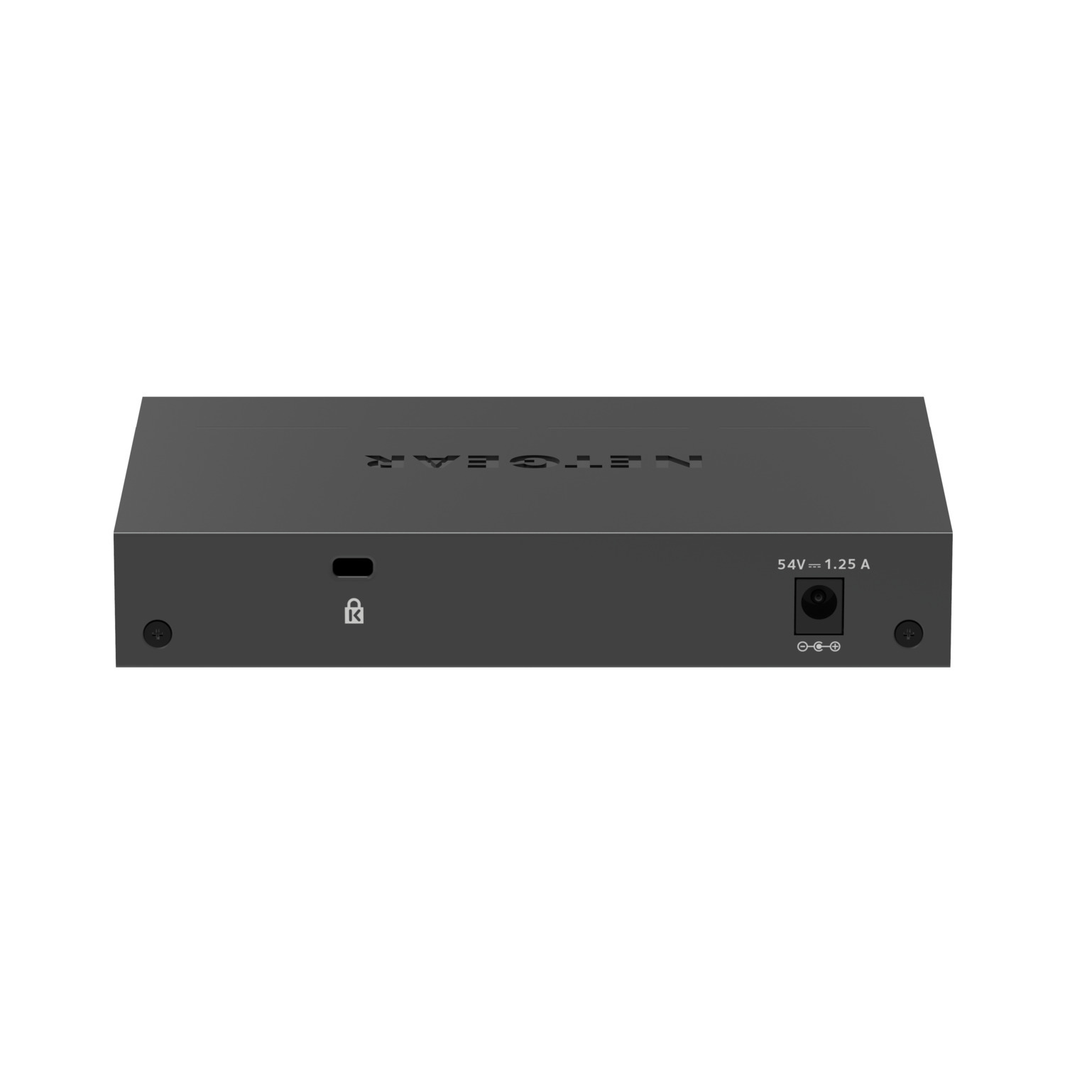 Commutateur réseau noir avec l'étiquette NETGEAR. Port d'alimentation et icône de verrouillage visibles.